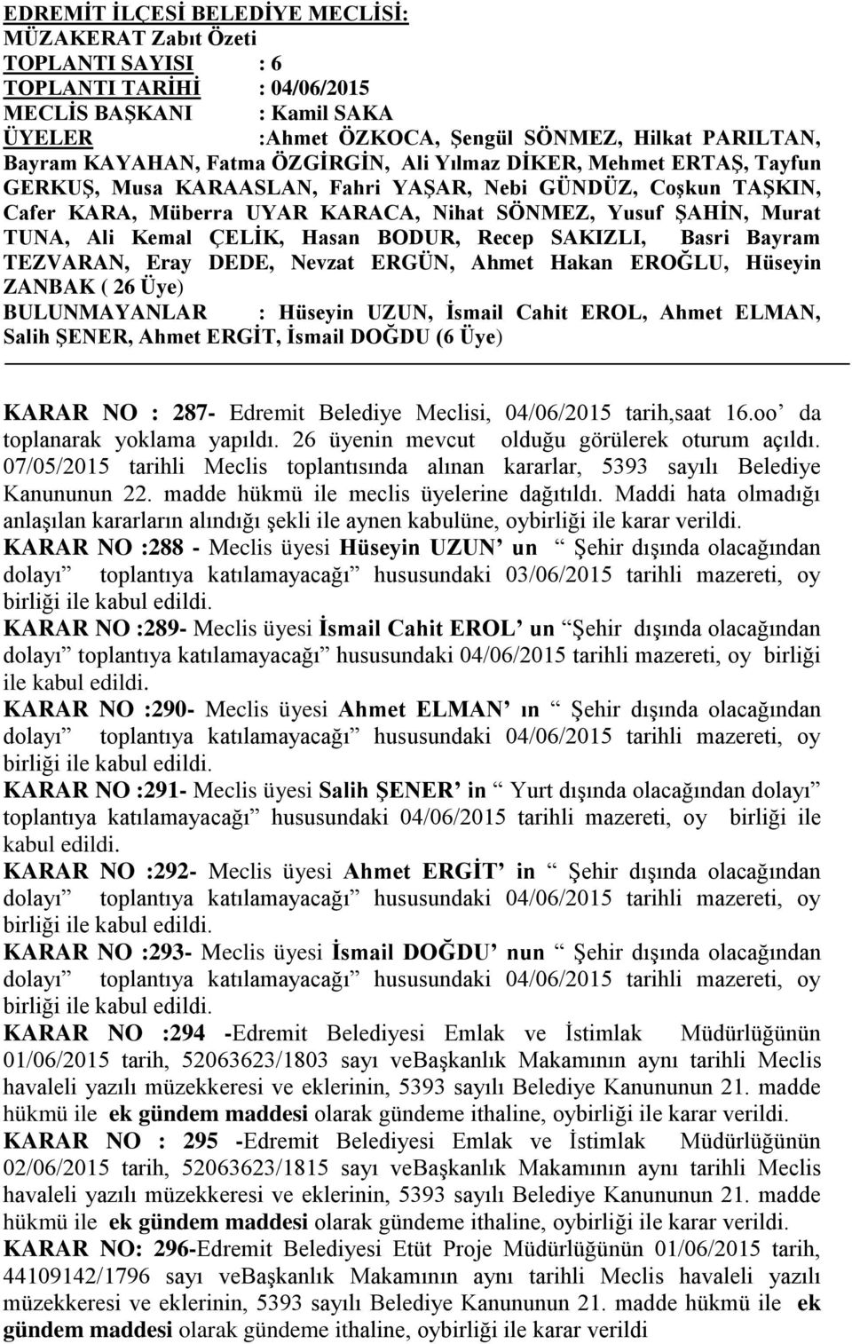 TUNA, Ali Kemal ÇELĠK, Hasan BODUR, Recep SAKIZLI, Basri Bayram TEZVARAN, Eray DEDE, Nevzat ERGÜN, Ahmet Hakan EROĞLU, Hüseyin ZANBAK ( 26 Üye) BULUNMAYANLAR : Hüseyin UZUN, Ġsmail Cahit EROL, Ahmet