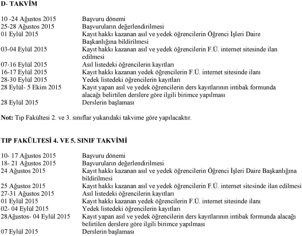 internet sitesinde ilan edilmesi 07-16 Eylül 2015 Asıl listedeki öğrencilerin kayıtları 16-17 Eylül 2015 Kayıt hakkı kazanan yedek öğrencilerin F.Ü.