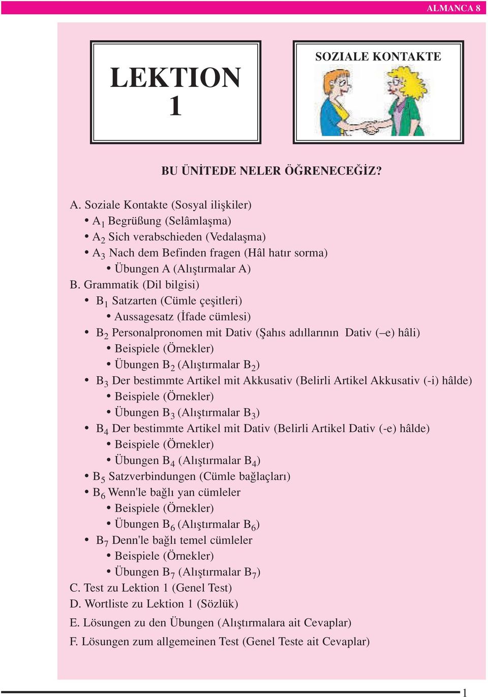 Grammatik (Dil bilgisi) B 1 Satzarten (Cümle çeflitleri) Aussagesatz ( fade cümlesi) B 2 Personalpronomen mit Dativ (fiah s ad llar n n Dativ ( e) hâli) Beispiele (Örnekler) Übungen B 2 (Al flt