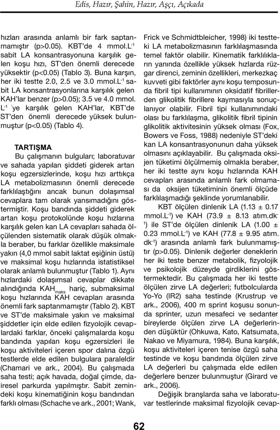 l -1 sabit LA konsantrasyonlarına karşılık gelen KAH lar benzer (p>0.05); 3.5 ve 4.0 mmol. L -1 ye karşılık gelen KAH lar, KBT de ST den önemli derecede yüksek bulunmuştur (p<0.05) (Tablo 4).