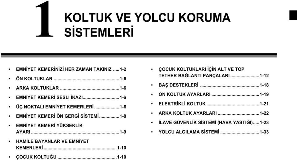 ..1-9 ÇOCUK KOLTUKLARI İÇİN ALT VE TOP TETHER BAĞLANTI PARÇALARI...1-12 BAŞ DESTEKLERİ...1-18 ÖN KOLTUK AYARLARI...1-19 ELEKTRİKLİ KOLTUK.