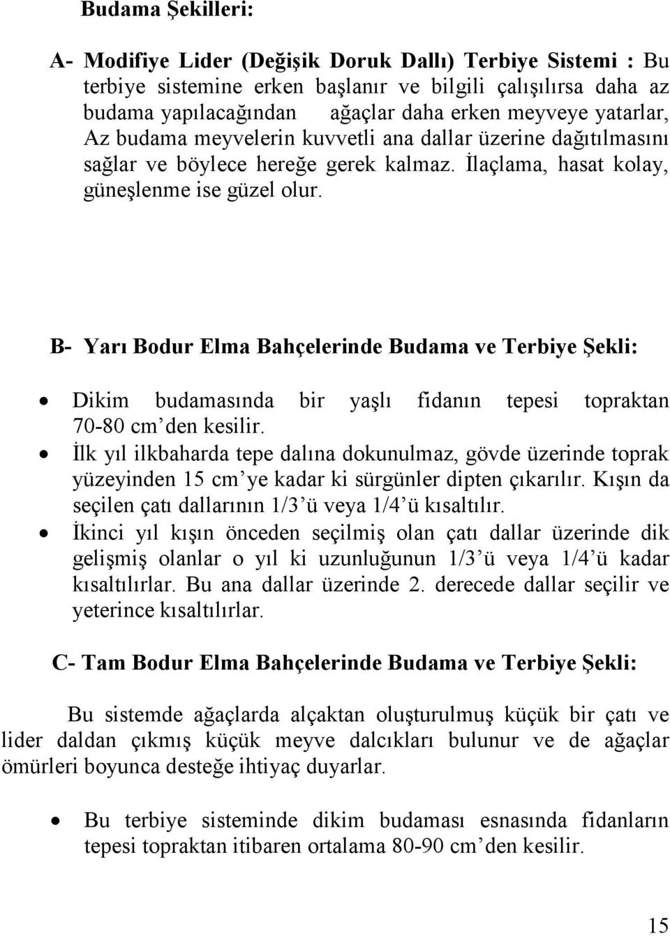 B- Yarı Bodur Elma Bahçelerinde Budama ve Terbiye ġekli: Dikim budamasında bir yaşlı fidanın tepesi topraktan 70-80 cm den kesilir.