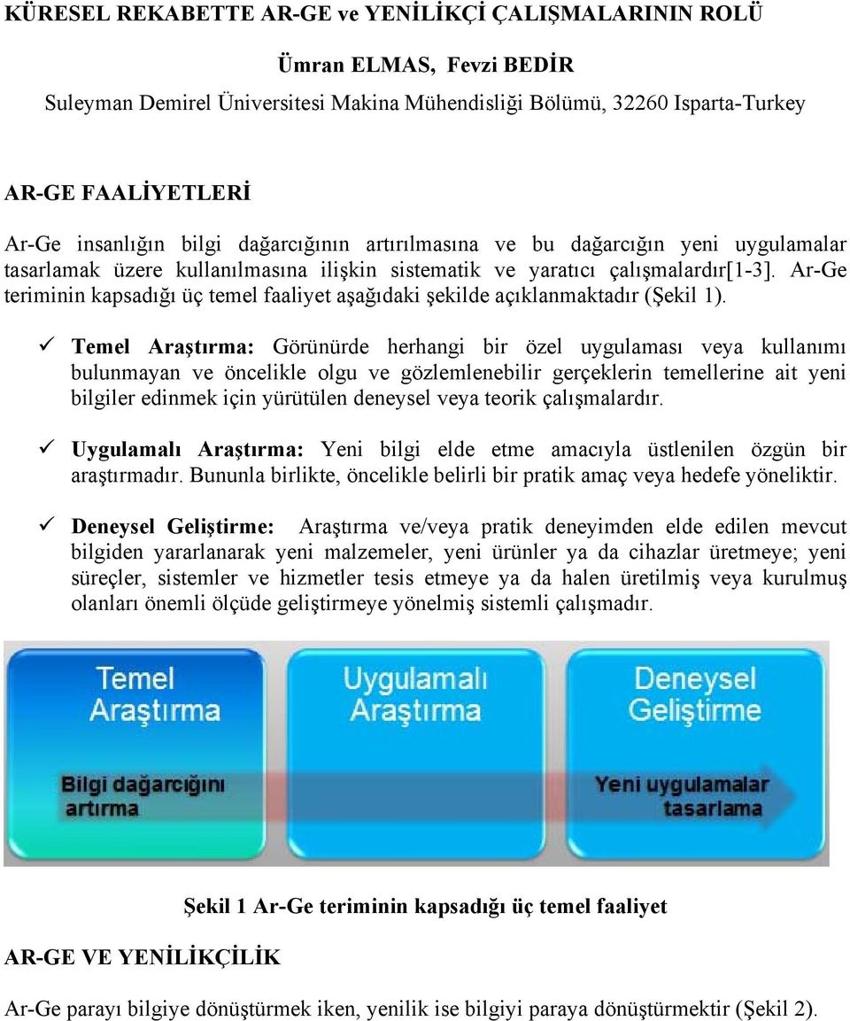 Ar-Ge teriminin kapsadığı üç temel faaliyet aşağıdaki şekilde açıklanmaktadır (Şekil 1).