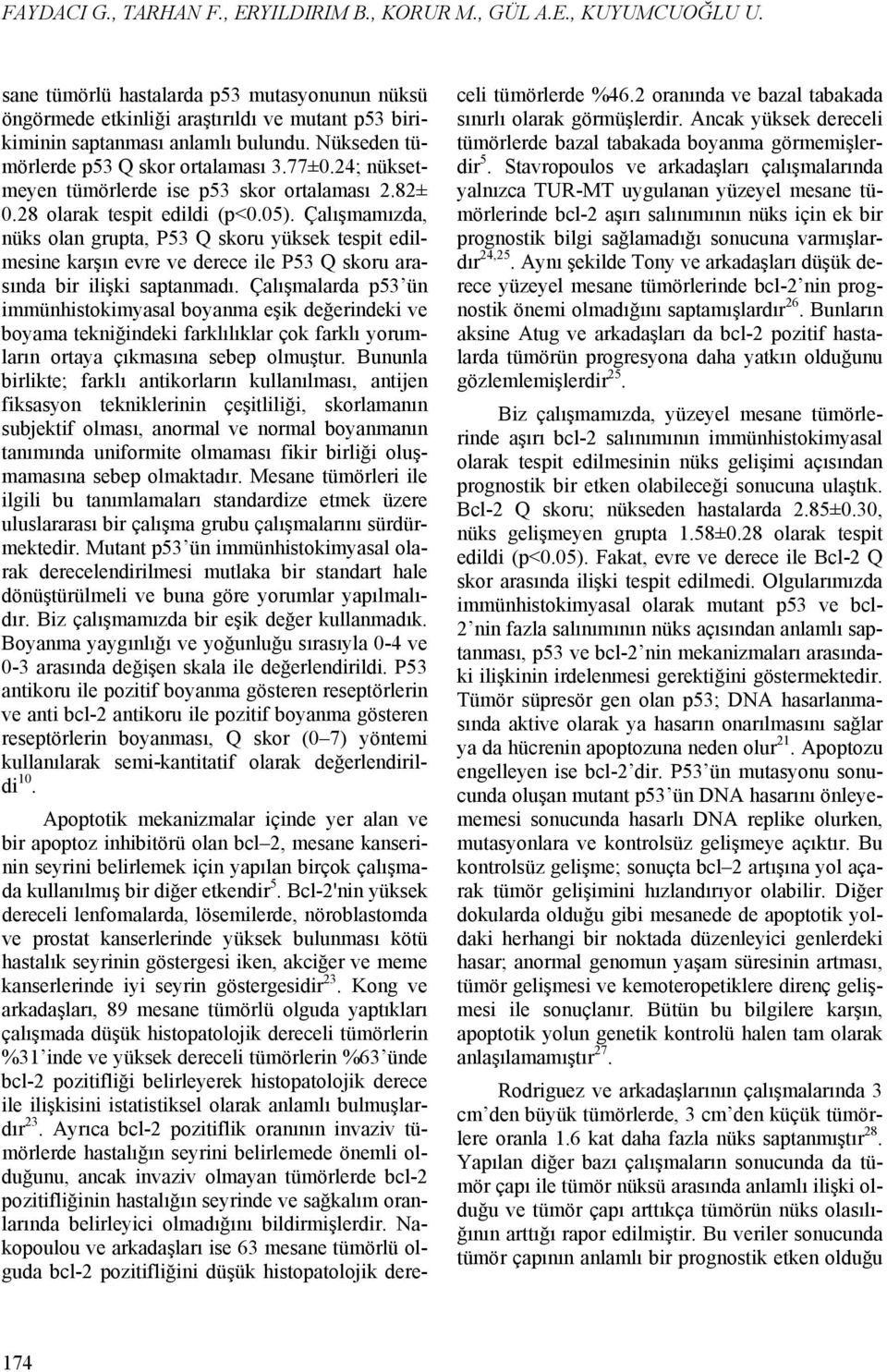 24; nüksetmeyen tümörlerde ise p53 skor ortalaması 2.82± 0.28 olarak tespit edildi (p<0.05).