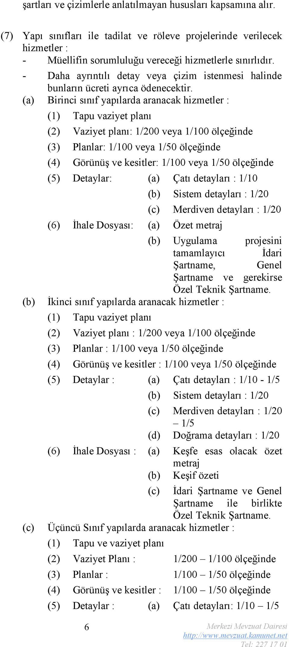 (a) Birinci sınıf yapılarda aranacak hizmetler : (1) Tapu vaziyet planı (2) Vaziyet planı: 1/200 veya 1/100 ölçeğinde (3) Planlar: 1/100 veya 1/50 ölçeğinde (4) Görünüş ve kesitler: 1/100 veya 1/50