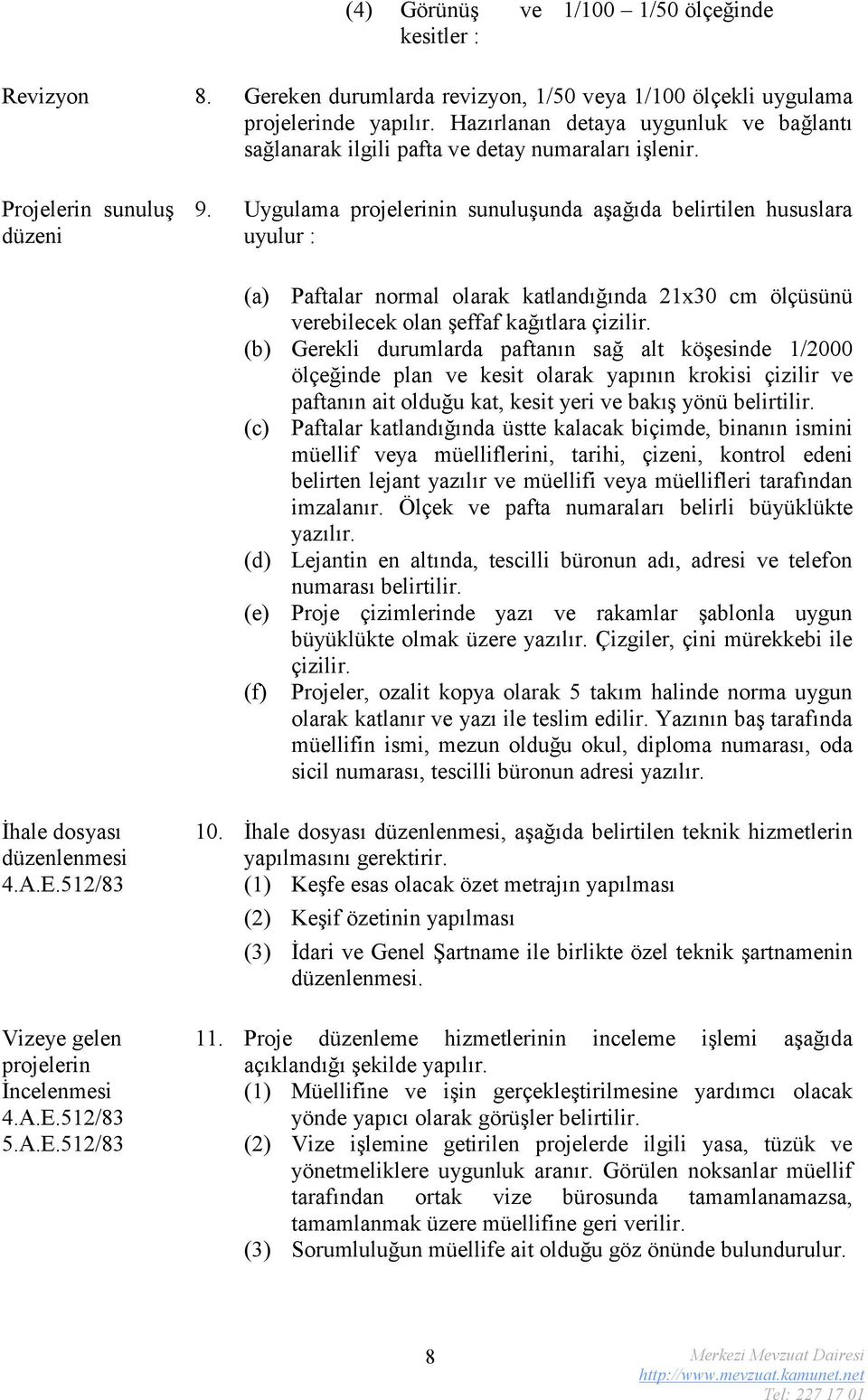 Uygulama projelerinin sunuluşunda aşağıda belirtilen hususlara uyulur : (a) Paftalar normal olarak katlandığında 21x30 cm ölçüsünü verebilecek olan şeffaf kağıtlara çizilir.