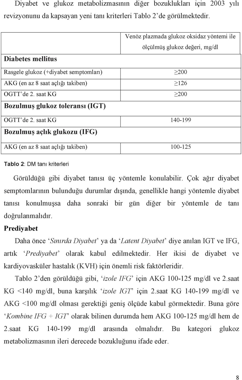 saat KG Bozulmuş glukoz toleransı (IGT) Venöz plazmada glukoz oksidaz yöntemi ile ölçülmüş glukoz değeri, mg/dl 200 126 200 OGTT de 2.