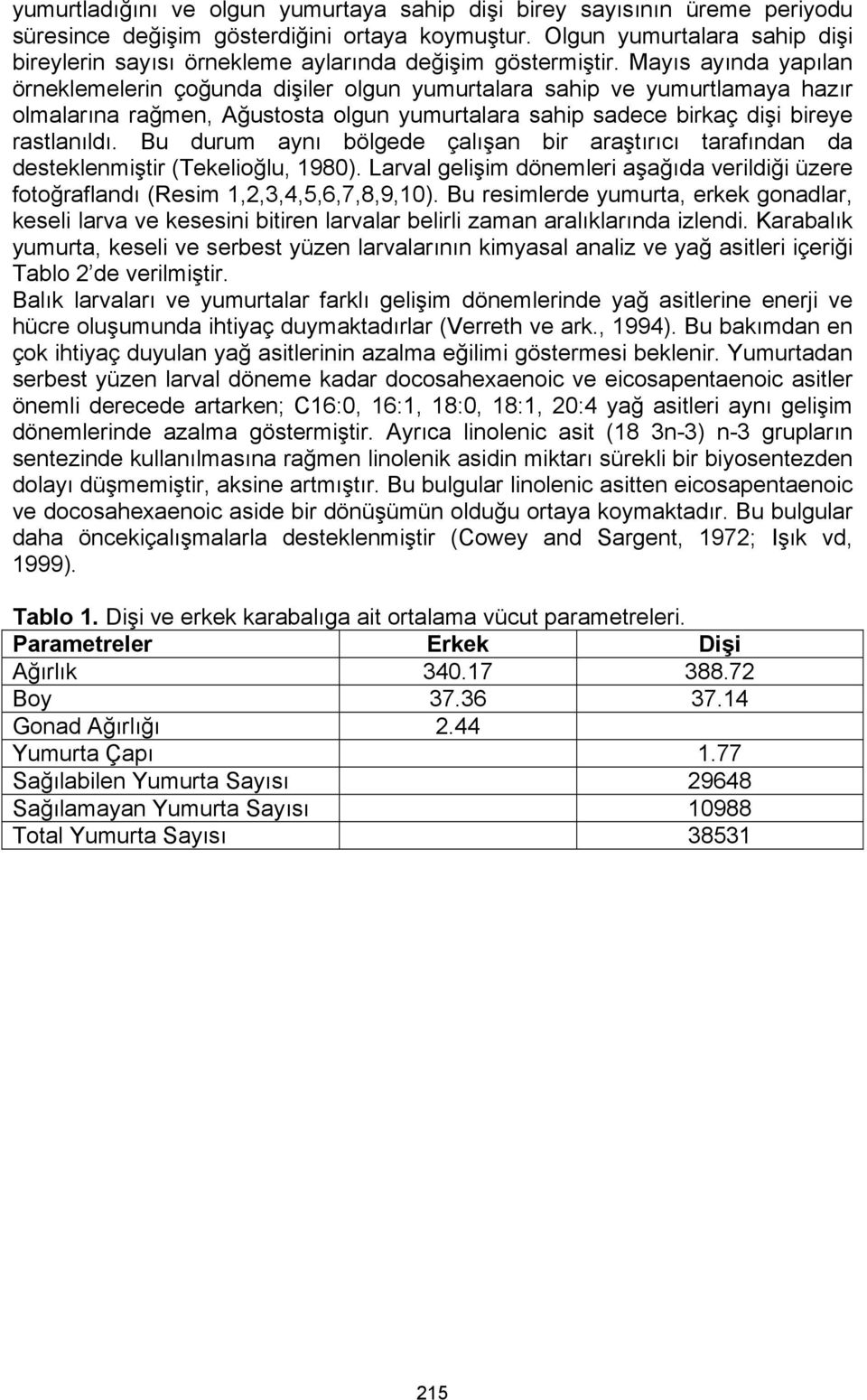 Mayıs ayında yapılan örneklemelerin çoğunda dişiler olgun yumurtalara sahip ve yumurtlamaya hazır olmalarına rağmen, Ağustosta olgun yumurtalara sahip sadece birkaç dişi bireye rastlanıldı.