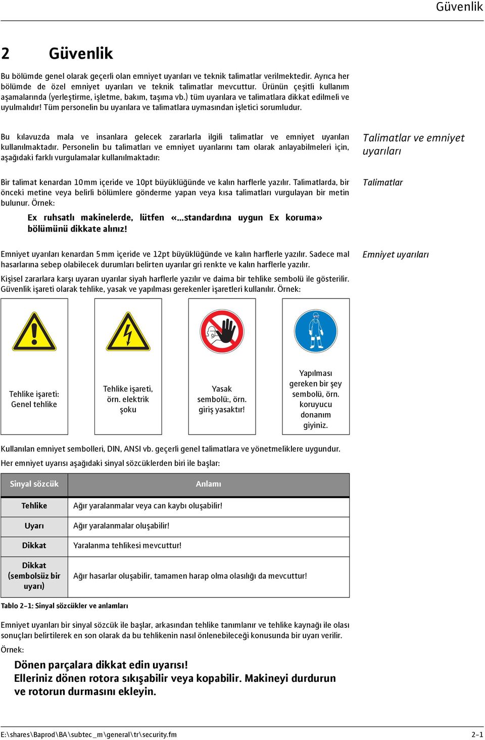 Tüm personelin bu uyarılara ve talimatlara uymasından işletici sorumludur. Bu kılavuzda mala ve insanlara gelecek zararlarla ilgili talimatlar ve emniyet uyarıları kullanılmaktadır.