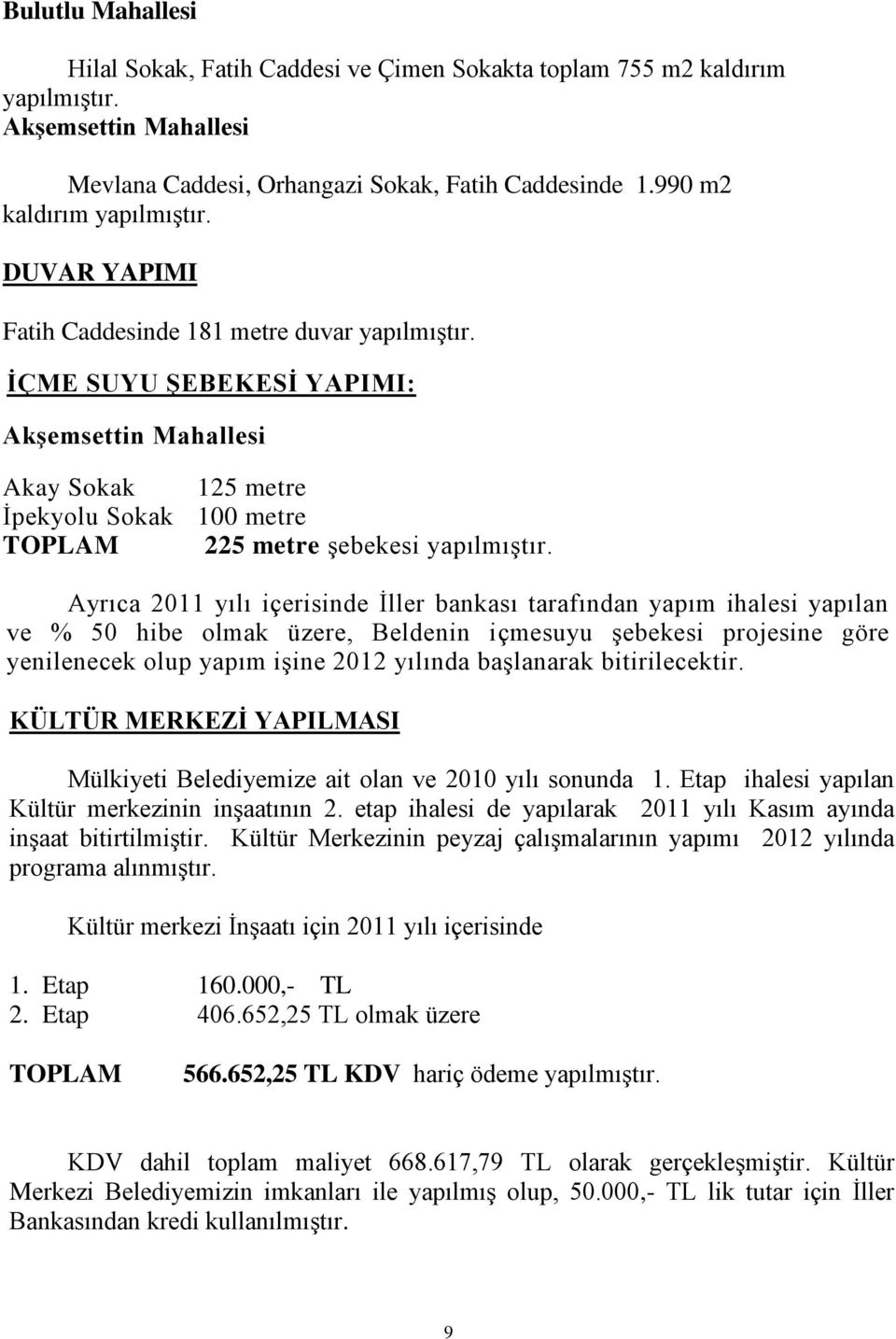 İÇME SUYU ŞEBEKESİ YAPIMI: Akşemsettin Mahallesi Akay Sokak 125 metre İpekyolu Sokak 100 metre 225 metre şebekesi yapılmıştır.