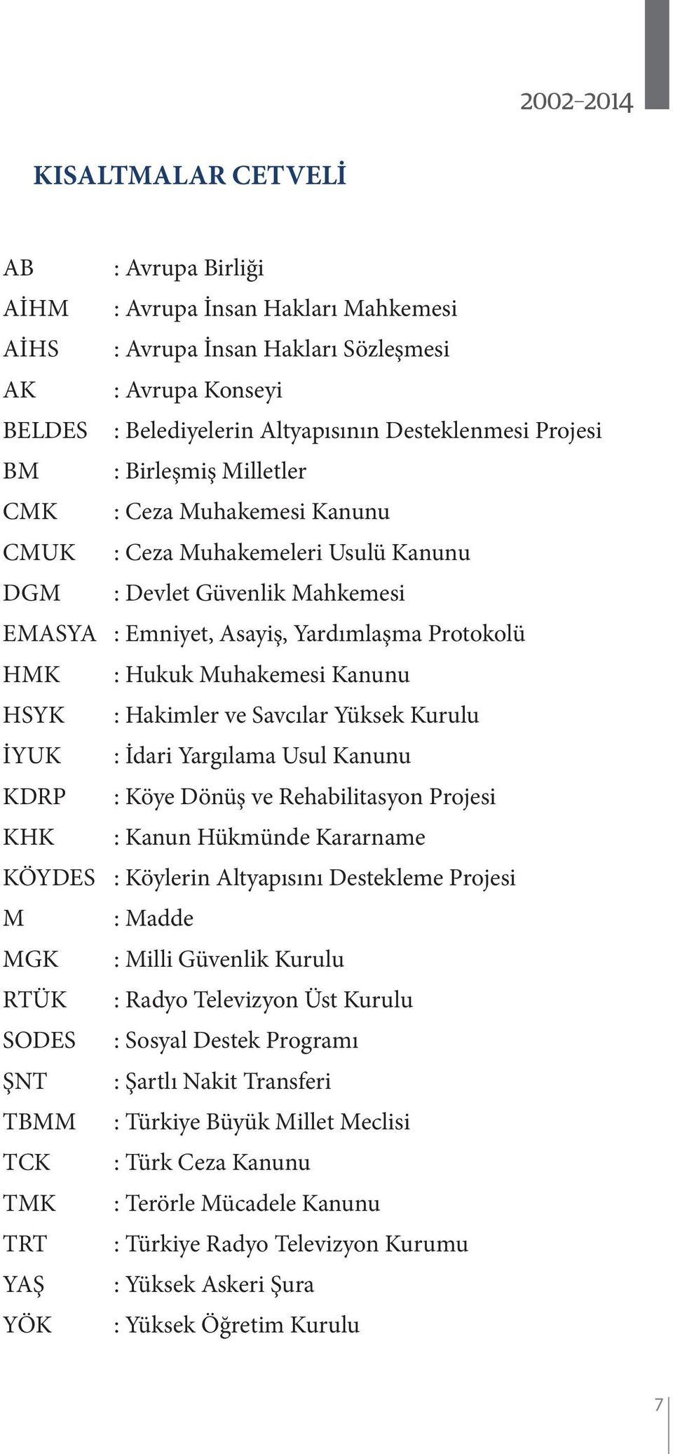 Muhakemesi Kanunu HSYK : Hakimler ve Savcılar Yüksek Kurulu İYUK : İdari Yargılama Usul Kanunu KDRP : Köye Dönüş ve Rehabilitasyon Projesi KHK : Kanun Hükmünde Kararname KÖYDES : Köylerin Altyapısını