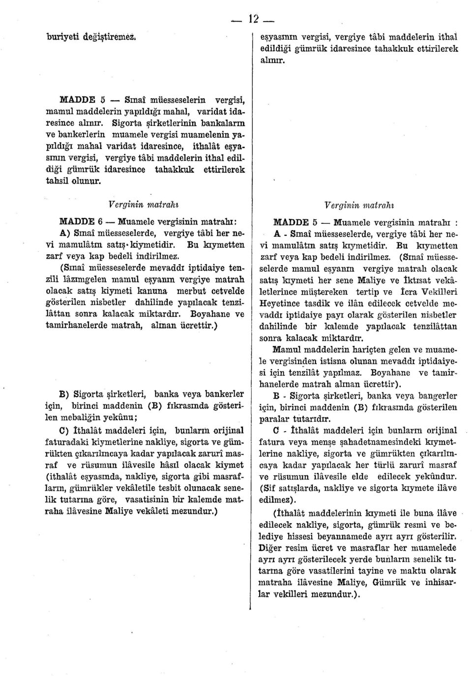 Sigorta şirketlerinin bankaların ve bankerlerin muamele vergisi muamelenin yapıldığı mahal varidat idaresince, ithalât eşyasının vergisi, vergiye tâbi maddelerin ithal edildiği gümrük idaresince