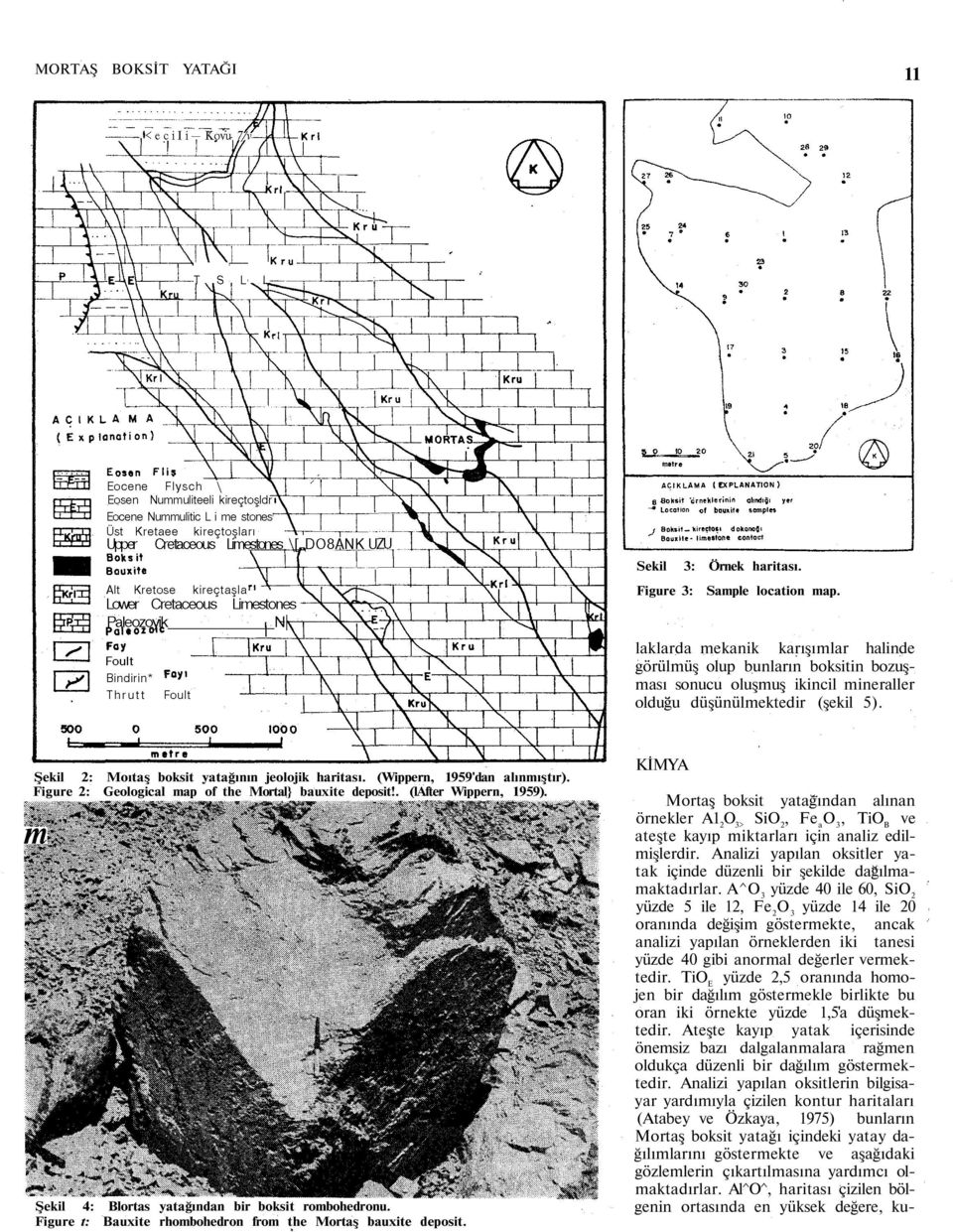 (Wippern, 1959'dan alınmıştır). Figure 2: Geological map of the Mortal} bauxite deposit!. (lafter Wippern, 1959). Şekil 4: Blortas yatağından bir boksit rombohedronu.