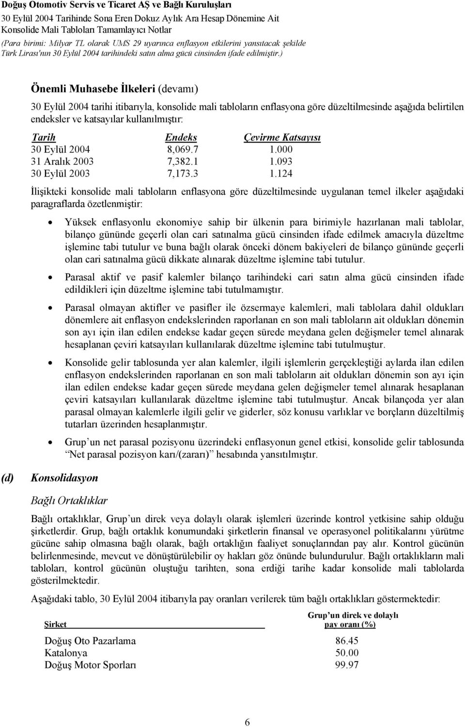 124 İlişikteki konsolide mali tabloların enflasyona göre düzeltilmesinde uygulanan temel ilkeler aşağıdaki paragraflarda özetlenmiştir: Yüksek enflasyonlu ekonomiye sahip bir ülkenin para birimiyle