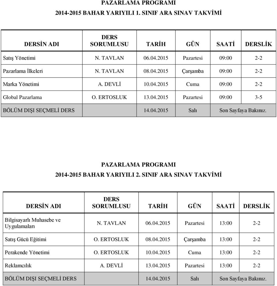 PAZARLAMA PROGRAMI Bilgisayarlı Muhasebe ve Uygulamaları N. TAVLAN 06.04.2015 Pazartesi 13:00 2-2 Satış Gücü Eğitimi O. ERTOSLUK 08.04.2015 Çarşamba 13:00 2-2 Perakende Yönetimi O.