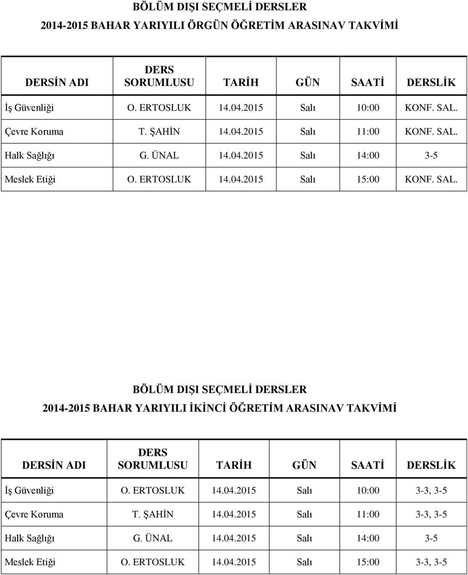 SAL. BÖLÜM DIŞI SEÇMELİ LER 2014-2015 BAHAR YARIYILI İKİNCİ ÖĞRETİM ARASINAV TAKVİMİ İş Güvenliği O. ERTOSLUK 14.04.