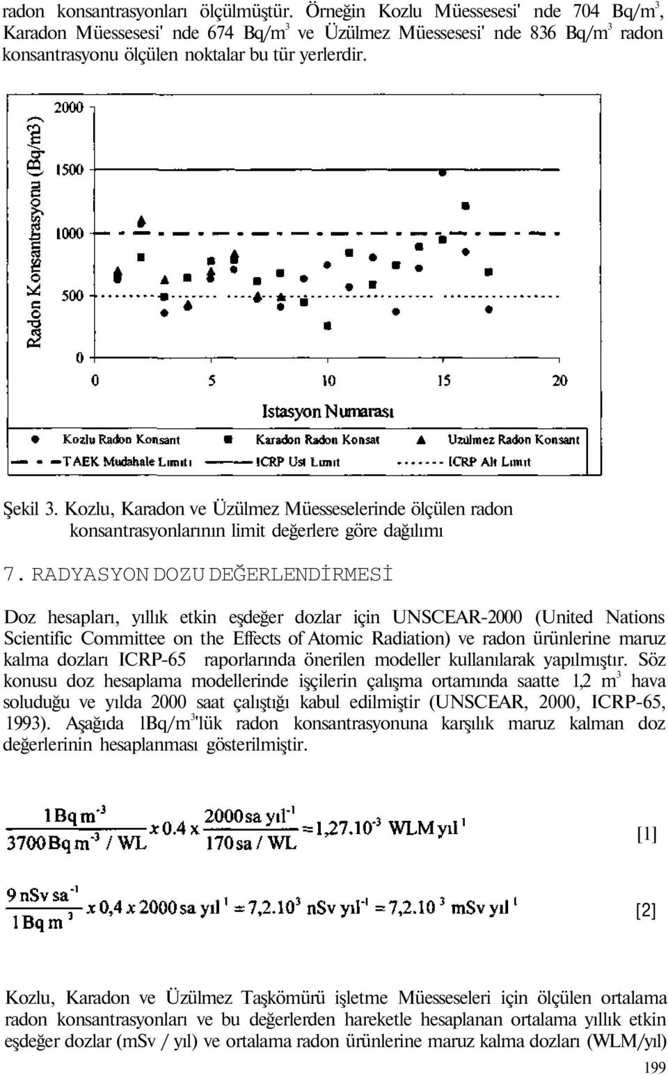 Kozlu, Karadon ve Üzülmez Müesseselerinde ölçülen radon konsantrasyonlarının limit değerlere göre dağılımı 7.