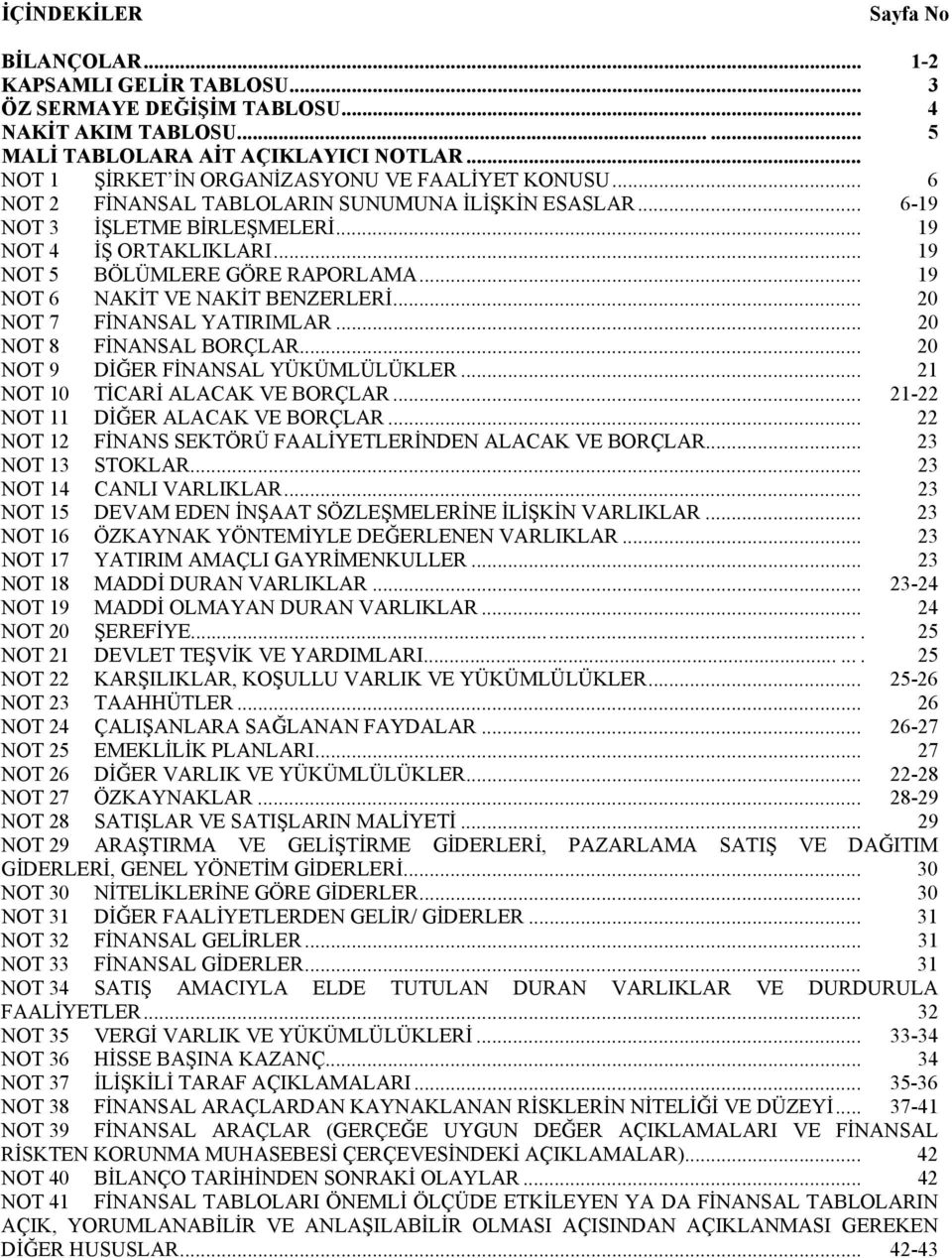 .. 19 NOT 5 BÖLÜMLERE GÖRE RAPORLAMA... 19 NOT 6 NAKİT VE NAKİT BENZERLERİ... 20 NOT 7 FİNANSAL YATIRIMLAR... 20 NOT 8 FİNANSAL BORÇLAR... 20 NOT 9 DİĞER FİNANSAL YÜKÜMLÜLÜKLER.