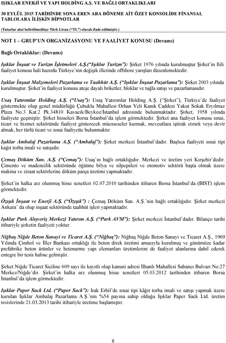 Işıklar İnşaat Malzemeleri Pazarlama ve Taahhüt A.Ş. ( Işıklar İnşaat Pazarlama ): Şirket 2003 yılında kurulmuştur.