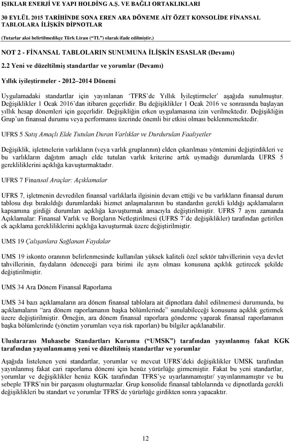 Değişiklikler 1 Ocak 2016 dan itibaren geçerlidir. Bu değişiklikler 1 Ocak 2016 ve sonrasında başlayan yıllık hesap dönemleri için geçerlidir. Değişikliğin erken uygulamasına izin verilmektedir.