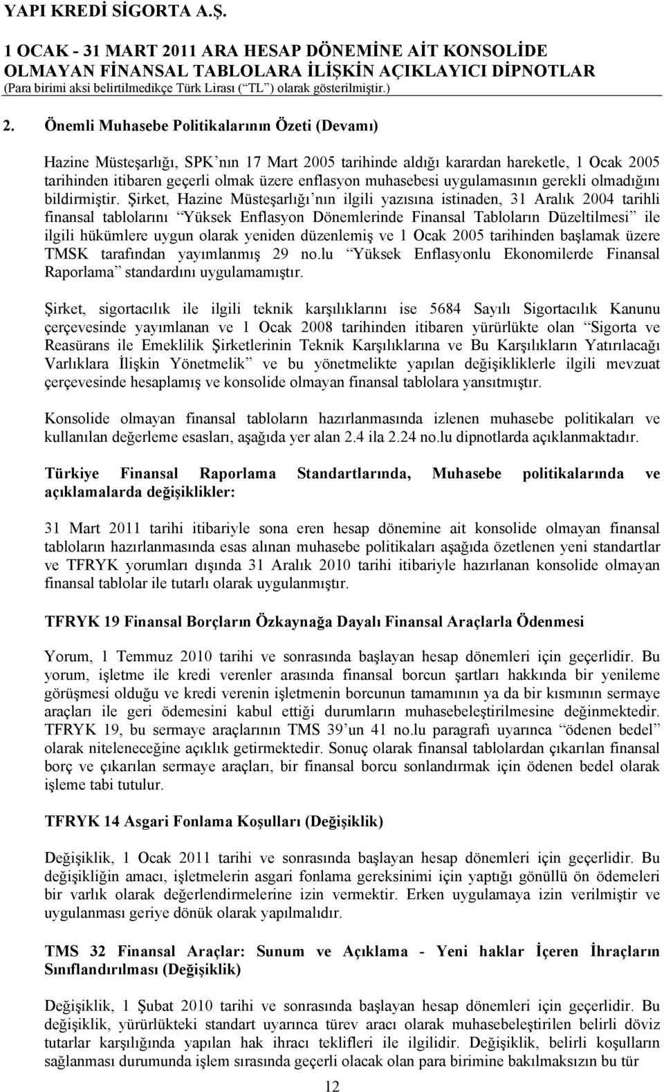 Şirket, Hazine Müsteşarlığı nın ilgili yazısına istinaden, 31 Aralık 2004 tarihli finansal tablolarını Yüksek Enflasyon Dönemlerinde Finansal Tabloların Düzeltilmesi ile ilgili hükümlere uygun olarak