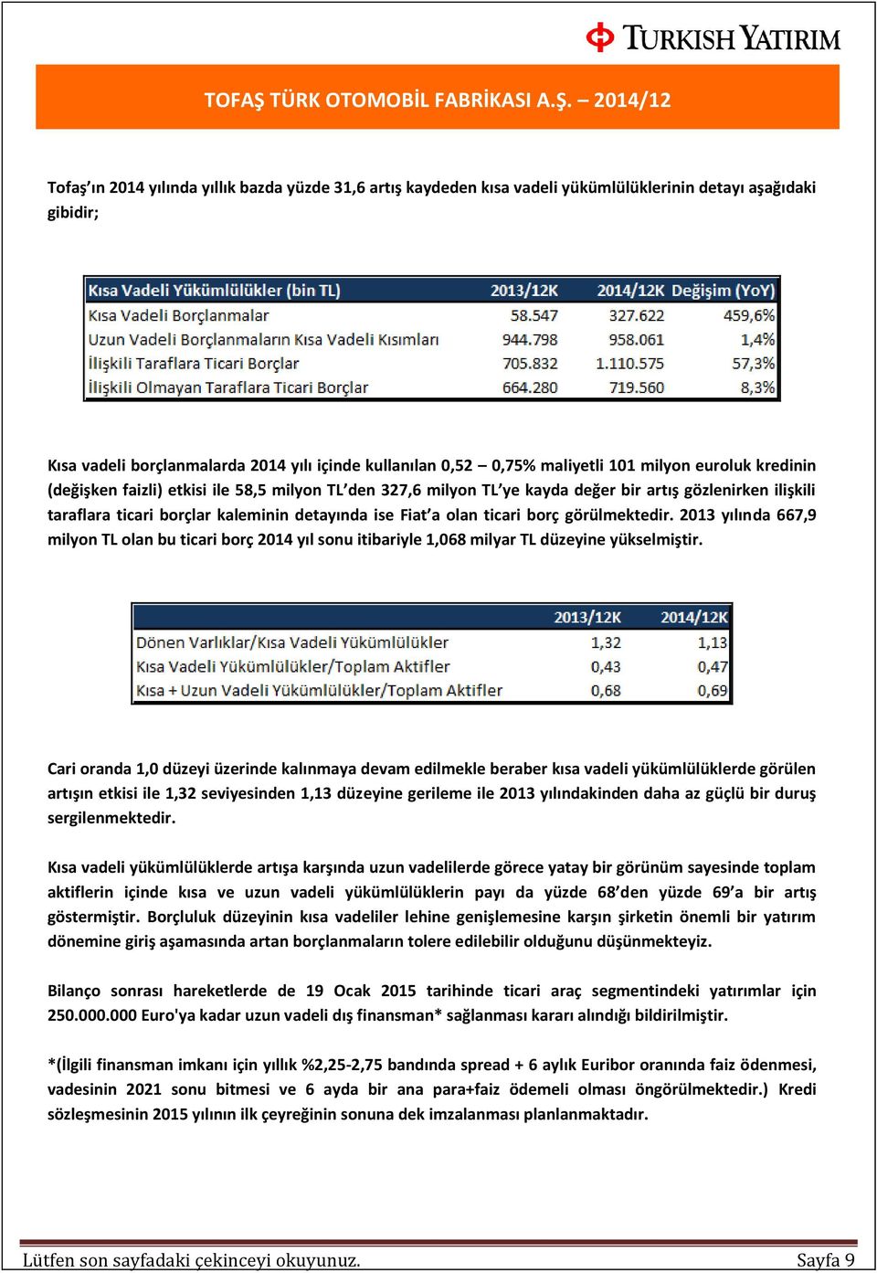 ticari borç görülmektedir. 2013 yılında 667,9 milyon TL olan bu ticari borç 2014 yıl sonu itibariyle 1,068 milyar TL düzeyine yükselmiştir.