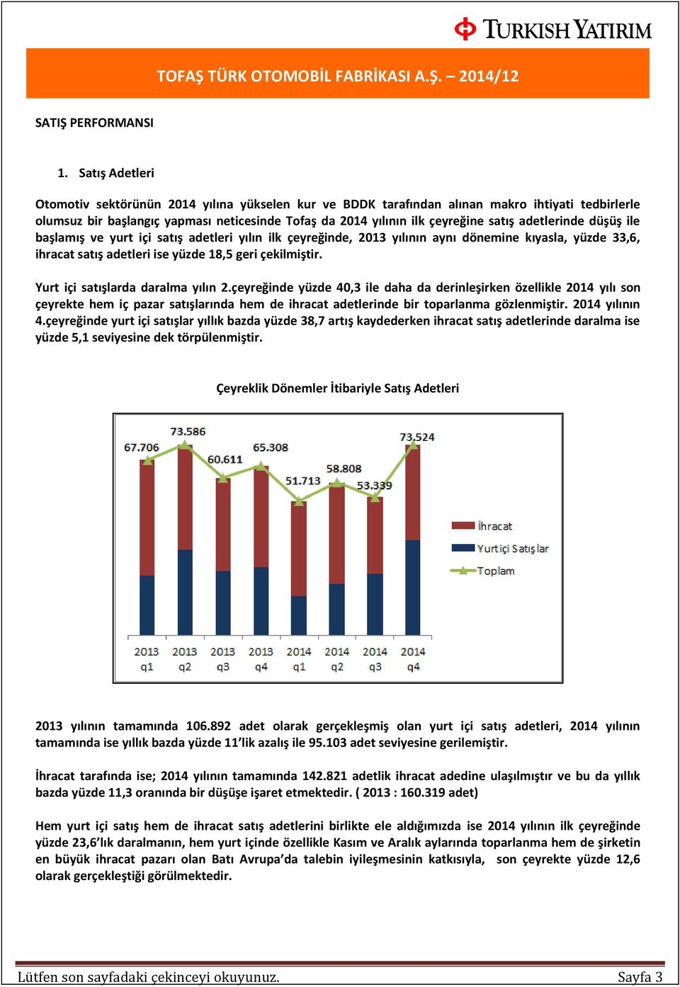 adetlerinde düşüş ile başlamış ve yurt içi satış adetleri yılın ilk çeyreğinde, 2013 yılının aynı dönemine kıyasla, yüzde 33,6, ihracat satış adetleri ise yüzde 18,5 geri çekilmiştir.