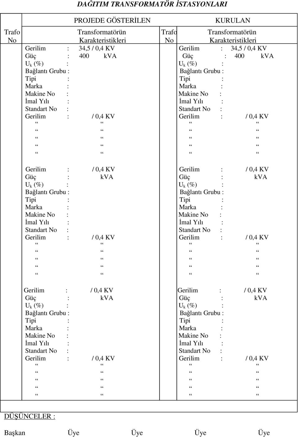 Standart No : Güç : kva Güç : kva U k (%) : U k (%) : Balantı Grubu : Balantı Grubu : Tipi : Tipi : Marka : Marka : Makine No : Makine No : mal Yılı : mal Yılı : Standart No : Standart