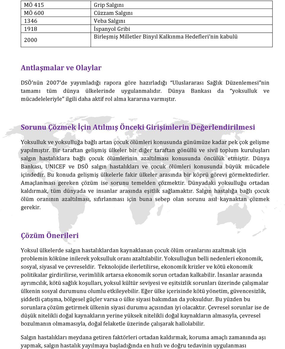 Sorunu Çözmek İçin Atılmış Önceki Girişimlerin Değerlendirilmesi Yoksulluk ve yoksulluğa bağlı artan çocuk ölümleri konusunda günümüze kadar pek çok gelişme yapılmıştır.