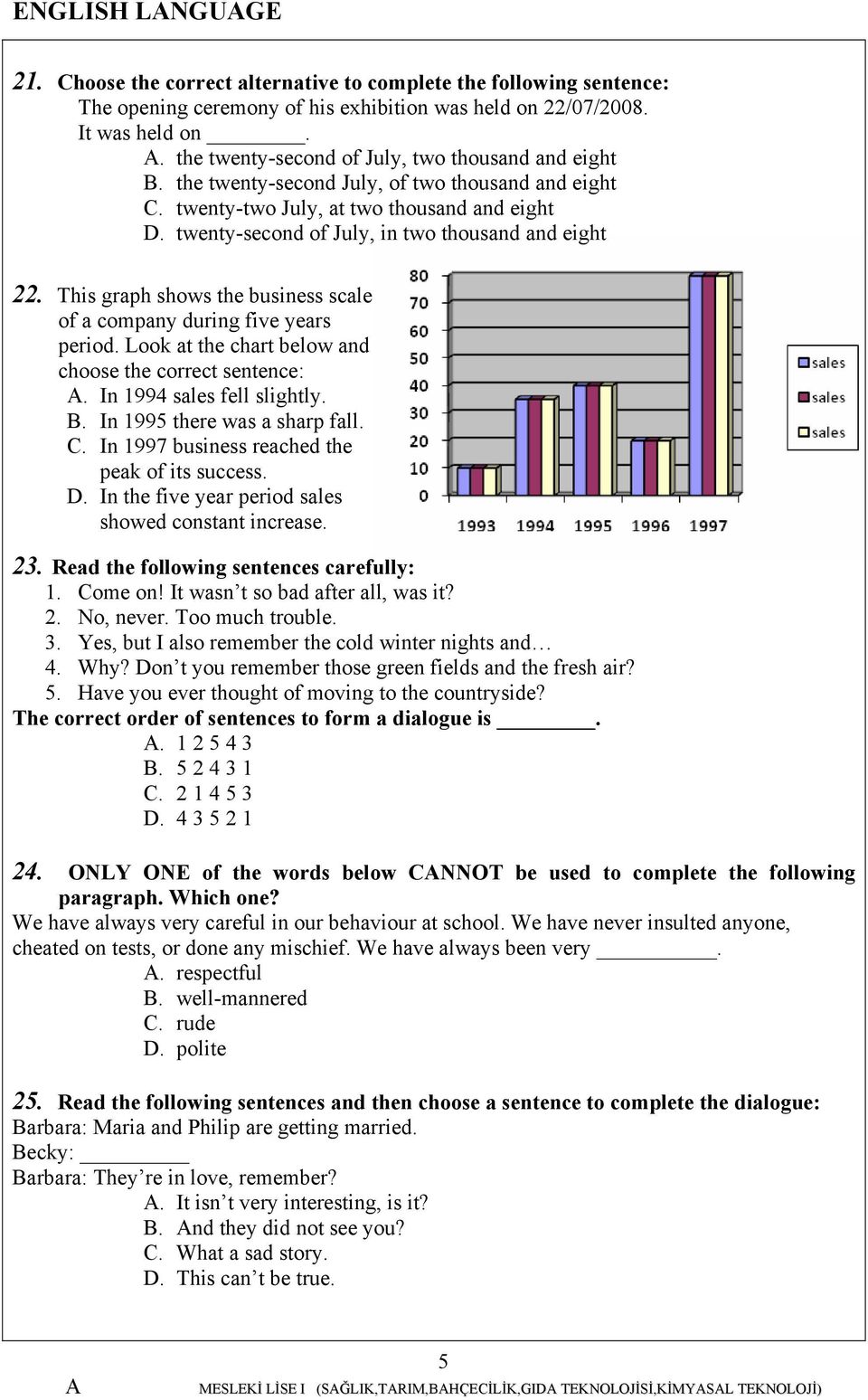 twenty-second of July, in two thousand and eight. This graph shows the business scale of a company during five years period. Look at the chart below and choose the correct sentence:.