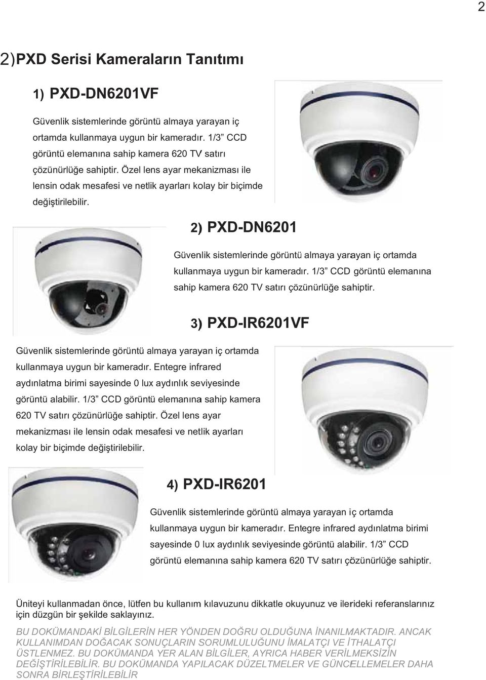 ) PXD-DN6201 2) Güvenlik sistemlerinde görüntü almaya yarayan iç ortamda kullanmaya uygun bir kameradr. 1/3 CCD görüntü elemanna sahip kamera 620 TV satr çözünürlüe sahiptir.