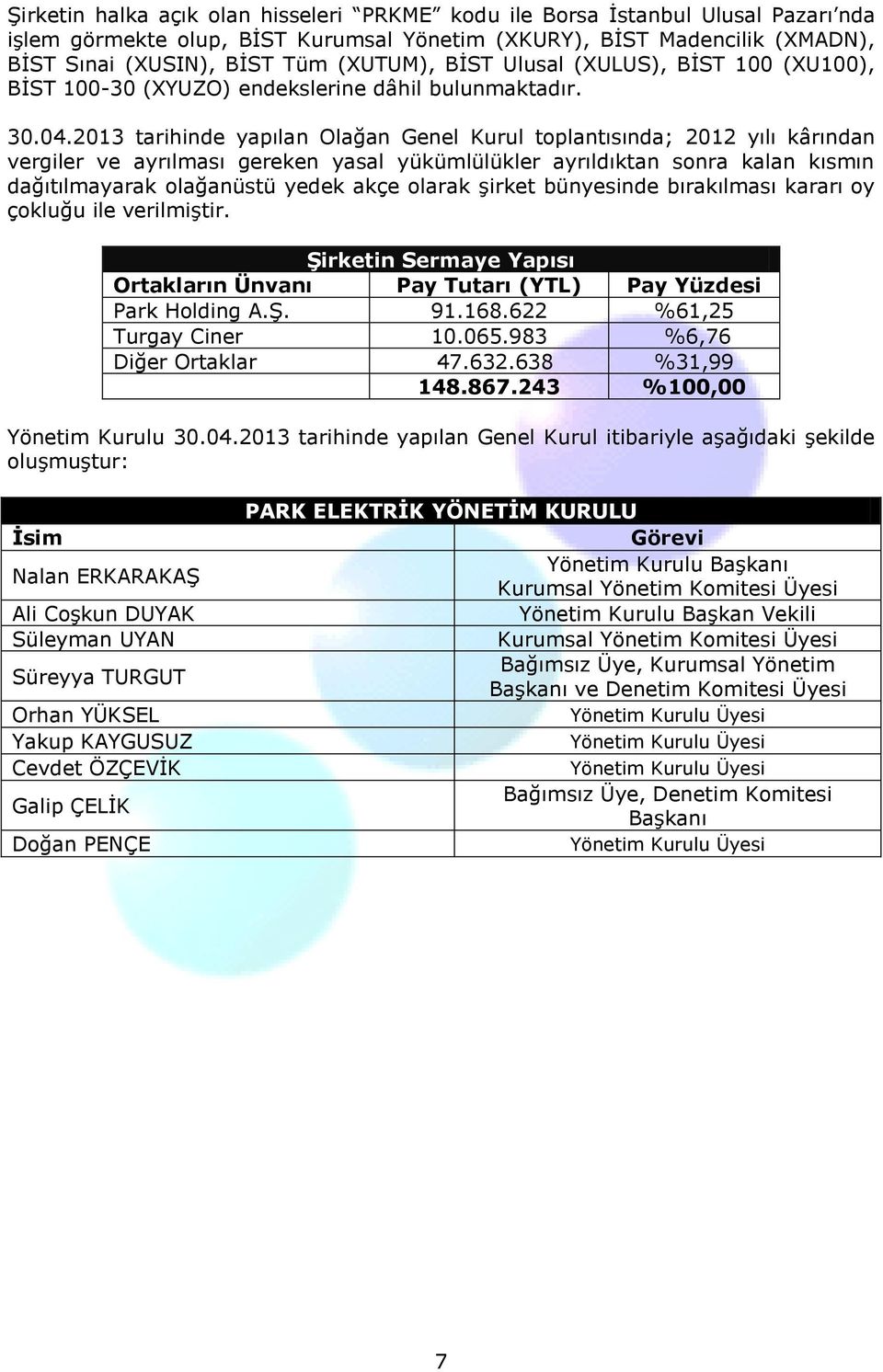 2013 tarihinde yapılan Olağan Genel Kurul toplantısında; 2012 yılı kârından vergiler ve ayrılması gereken yasal yükümlülükler ayrıldıktan sonra kalan kısmın dağıtılmayarak olağanüstü yedek akçe