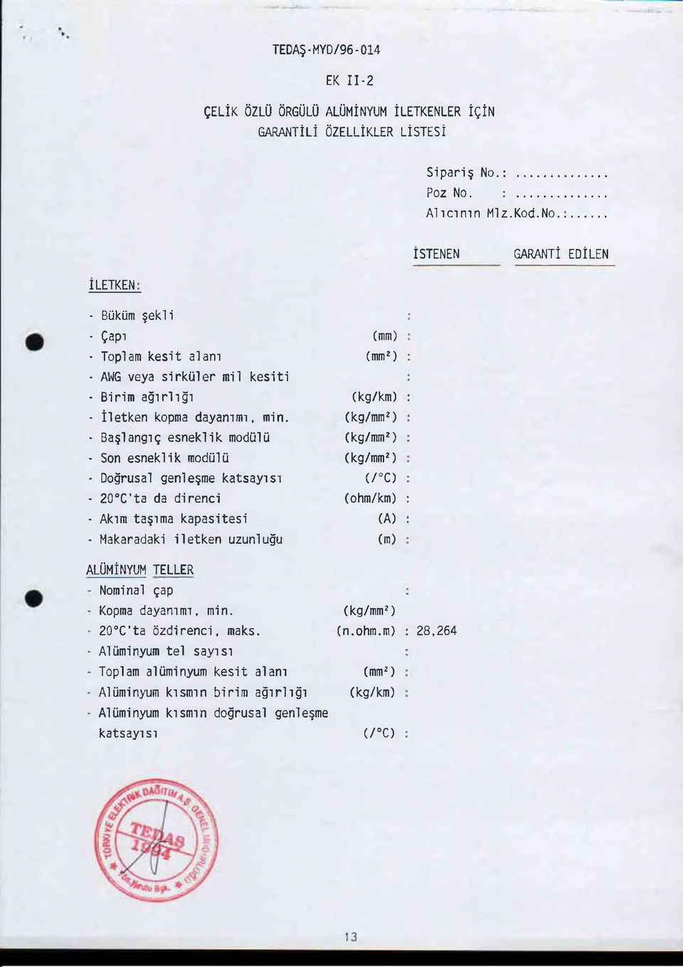 (kg/mm2) - Başlangıç esneklik modülü (kg/mm2) - Son esneklik modülü (kg/mm2) - Doğrusal genleşme katsayısı (/ C) - 20 C ta da direnci (ohm/km) - Akım taşıma kapasitesi (A) - Makaradaki ile tk e n