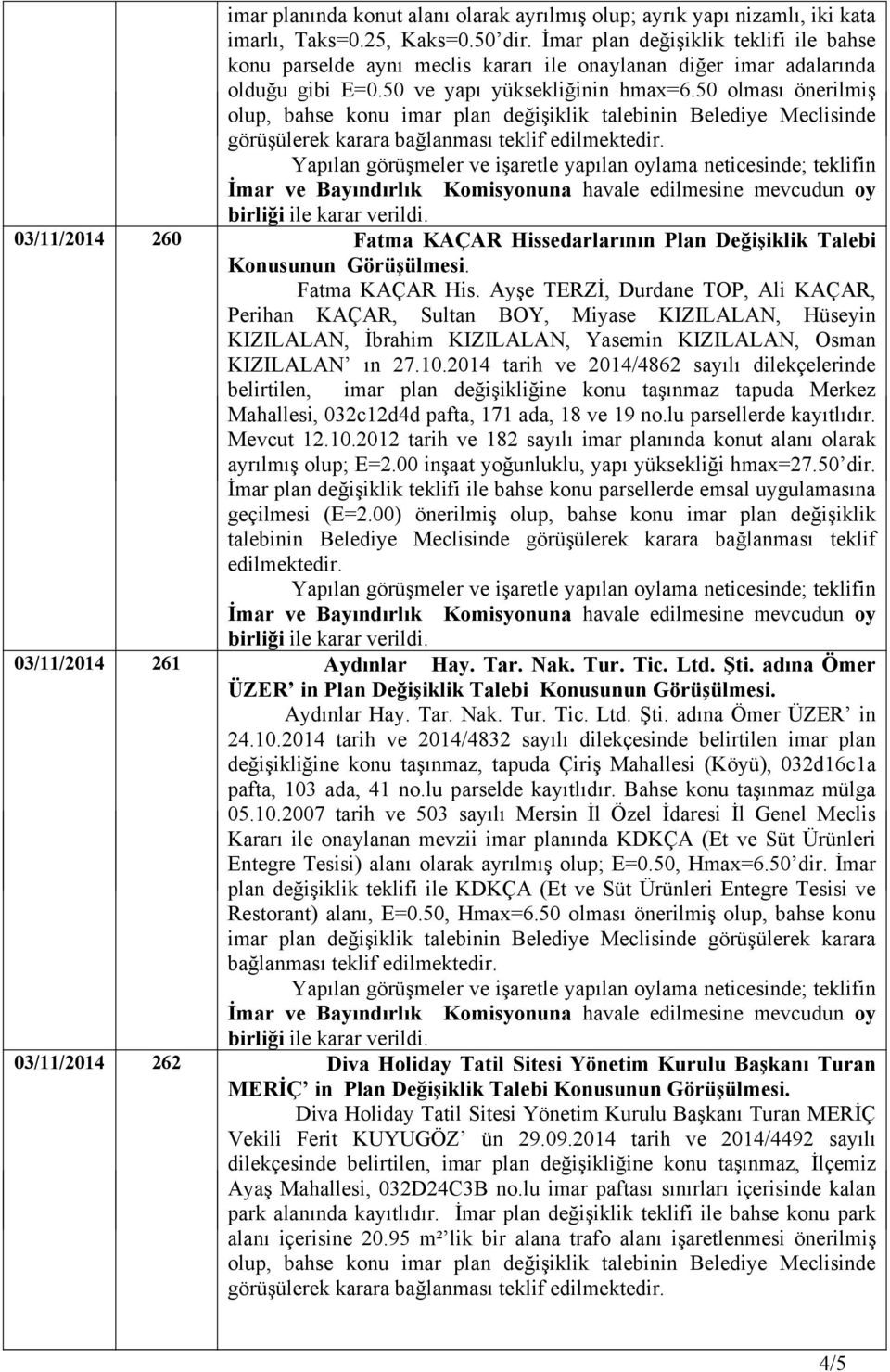 50 olması önerilmiş olup, bahse konu imar plan değişiklik talebinin Belediye Meclisinde görüşülerek karara bağlanması teklif 03/11/2014 260 Fatma KAÇAR Hissedarlarının Plan Değişiklik Talebi