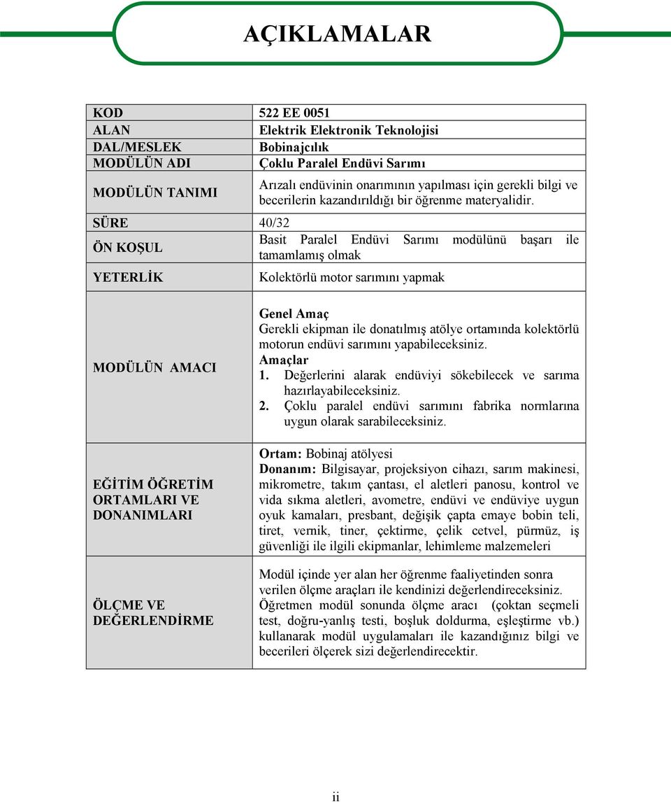 SÜRE 40/32 ÖN KOŞUL Basit Paralel Endüvi Sarımı modülünü başarı ile tamamlamış olmak YETERLİK AÇIKLAMALAR Kolektörlü motor sarımını yapmak MODÜLÜN AMACI EĞİTİM ÖĞRETİM ORTAMLARI VE DONANIMLARI ÖLÇME