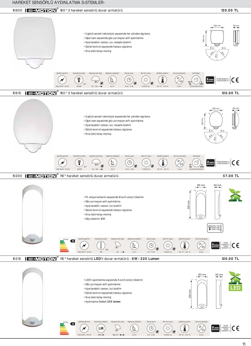 lama 0 mm m m 1 m 1 m ydınlatma yükü lgılama etki alanı lgılama yüksekli i 7 43 16.5 606691 60591 ~3040V / 50 Hz 1x60W 3m 1m, m sn ~ 5 dk 00 lux 7,50x51,50x31,00 3 areket sensörlü duvar armatürü 1.