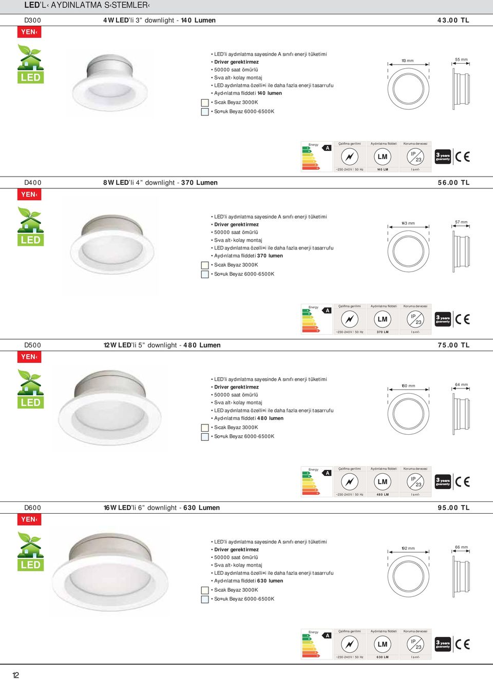 cak eyaz 3000K So uk eyaz 60006500K 113 mm 55 mm nergy ydınlatma fliddeti 3 ~3040V / 50 Hz 0 400 YN W L li 4 downligt 370 Lumen 56.