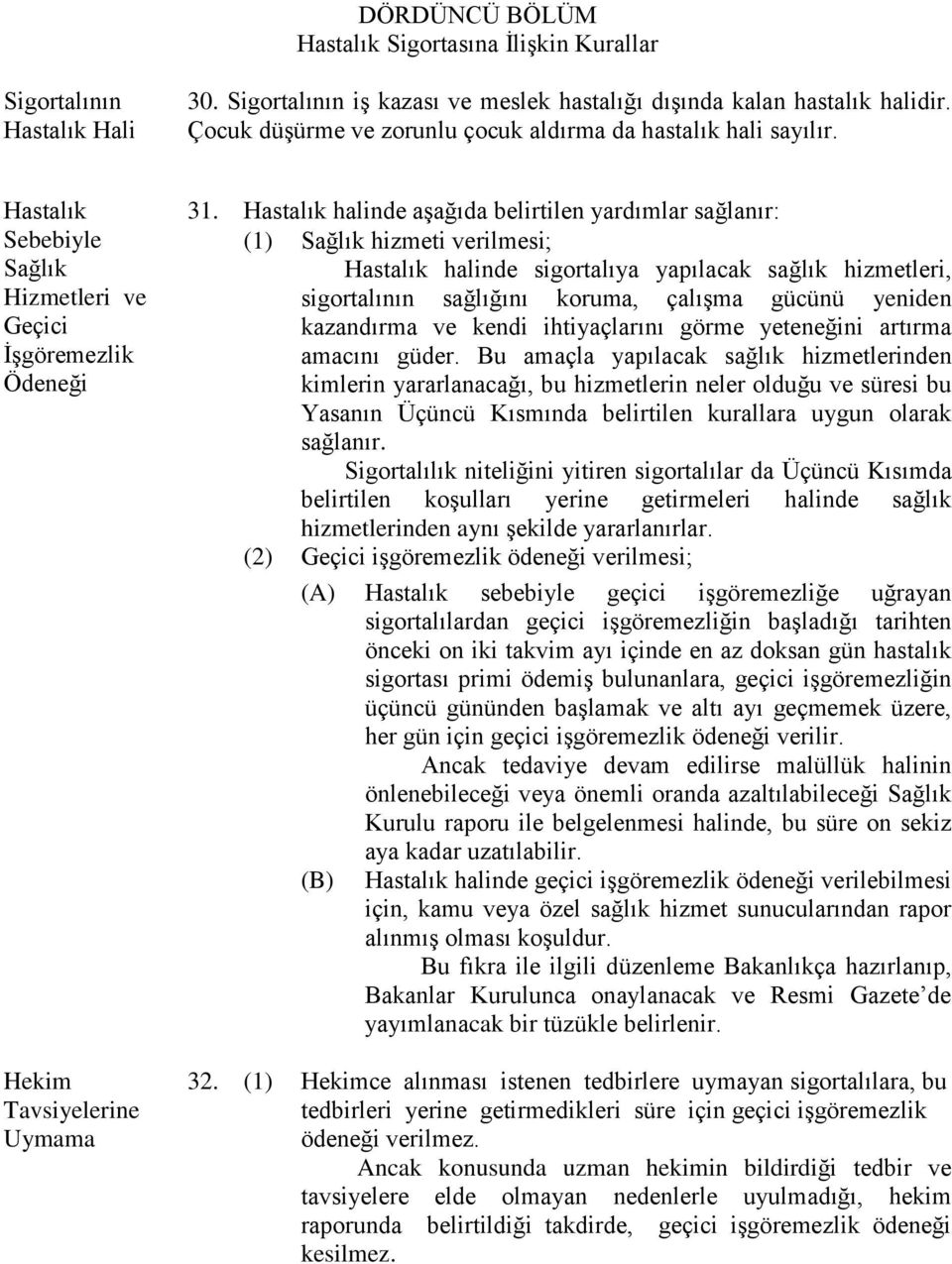 Hastalık halinde aşağıda belirtilen yardımlar sağlanır: (1) Sağlık hizmeti verilmesi; Hastalık halinde sigortalıya yapılacak sağlık hizmetleri, sigortalının sağlığını koruma, çalışma gücünü yeniden