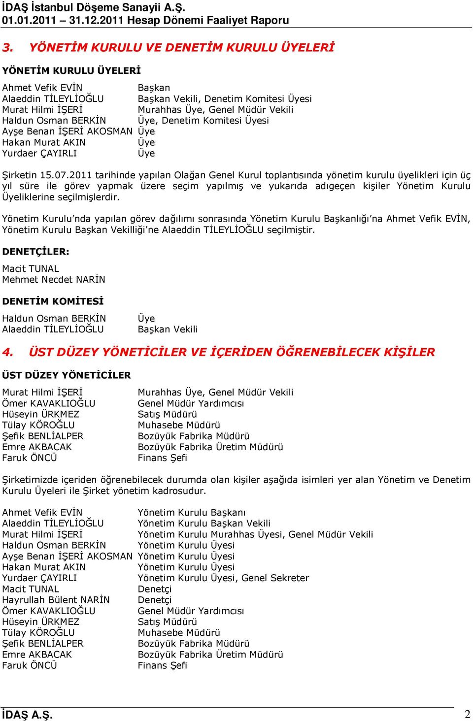 2011 tarihinde yapılan Olağan Genel Kurul toplantısında yönetim kurulu üyelikleri için üç yıl süre ile görev yapmak üzere seçim yapılmış ve yukarıda adıgeçen kişiler Yönetim Kurulu Üyeliklerine