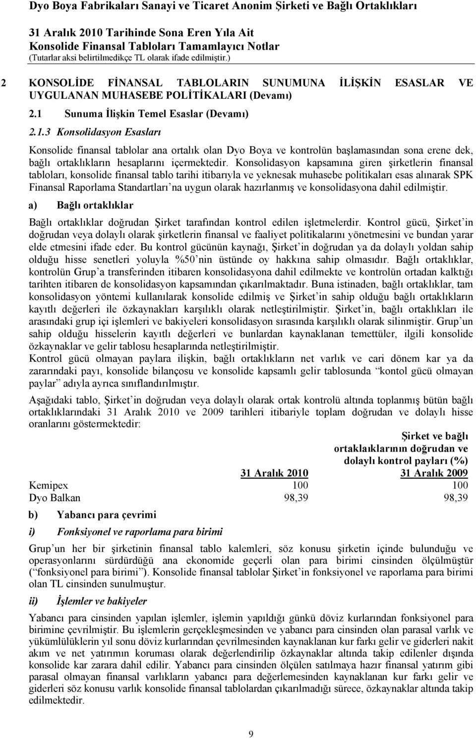 Konsolidasyon kapsamına giren şirketlerin finansal tabloları, konsolide finansal tablo tarihi itibarıyla ve yeknesak muhasebe politikaları esas alınarak SPK Finansal Raporlama Standartları na uygun