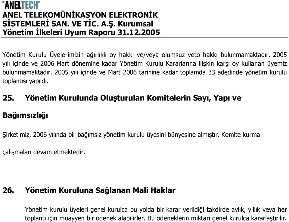 2005 yılı içinde ve Mart 2006 tarihine kadar toplamda 33 adedinde yönetim kurulu toplantısı yapıldı. 25.