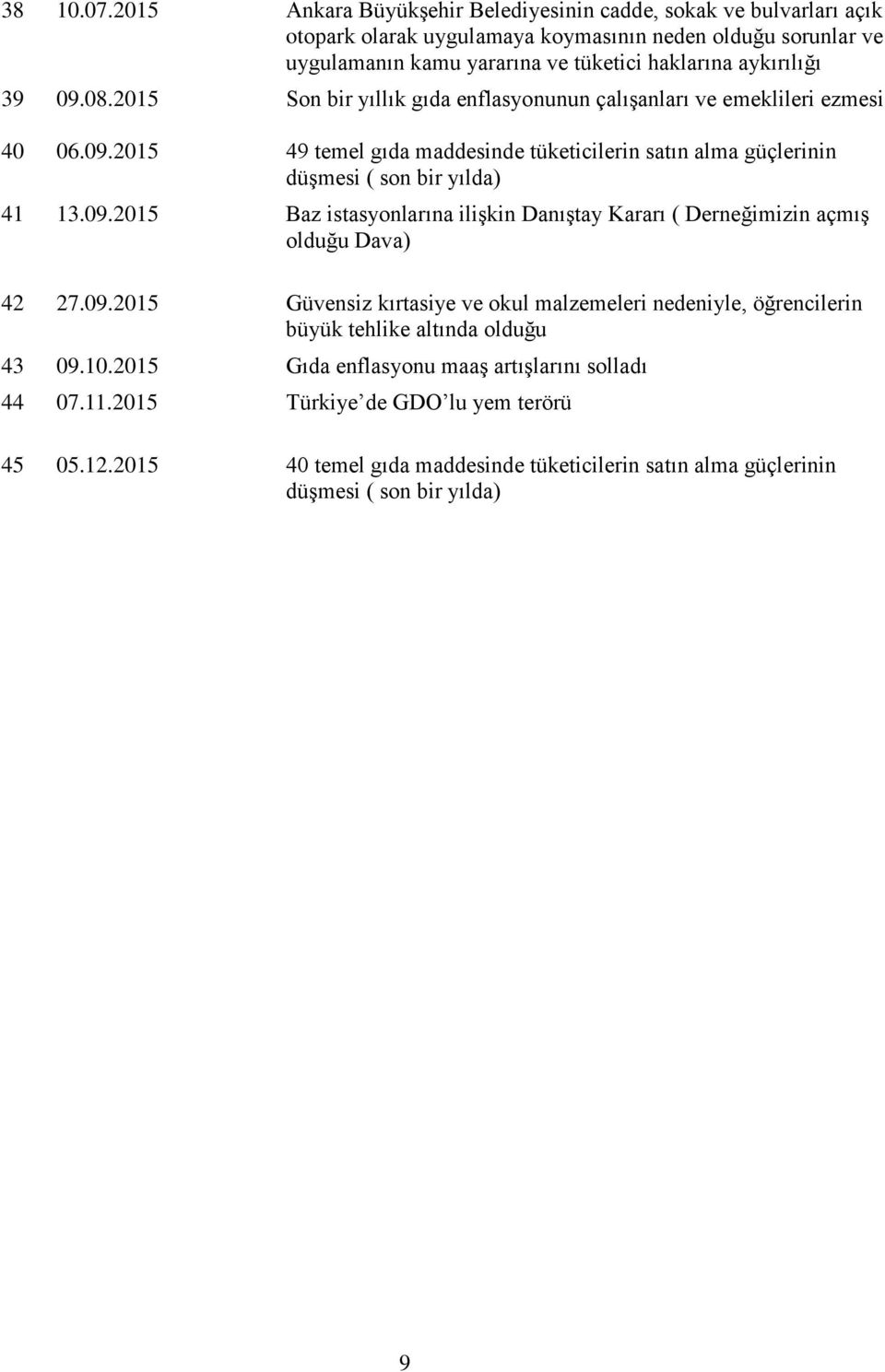 40 09.08.2015 06.09.2015 Son bir yıllık gıda enflasyonunun çalıģanları ve emeklileri ezmesi 49 temel gıda maddesinde tüketicilerin satın alma güçlerinin düģmesi ( son bir yılda) 41 13.09.2015 Baz istasyonlarına iliģkin DanıĢtay Kararı ( Derneğimizin açmıģ olduğu Dava) 42 27.