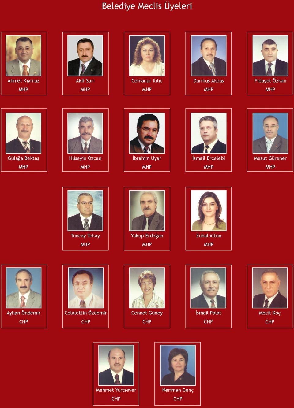 Erçelebi Mesut Gürener MHP MHP MHP MHP MHP Tuncay Tekay Yakup Erdoğan Zuhal Altun MHP MHP MHP Ayhan Öndemir