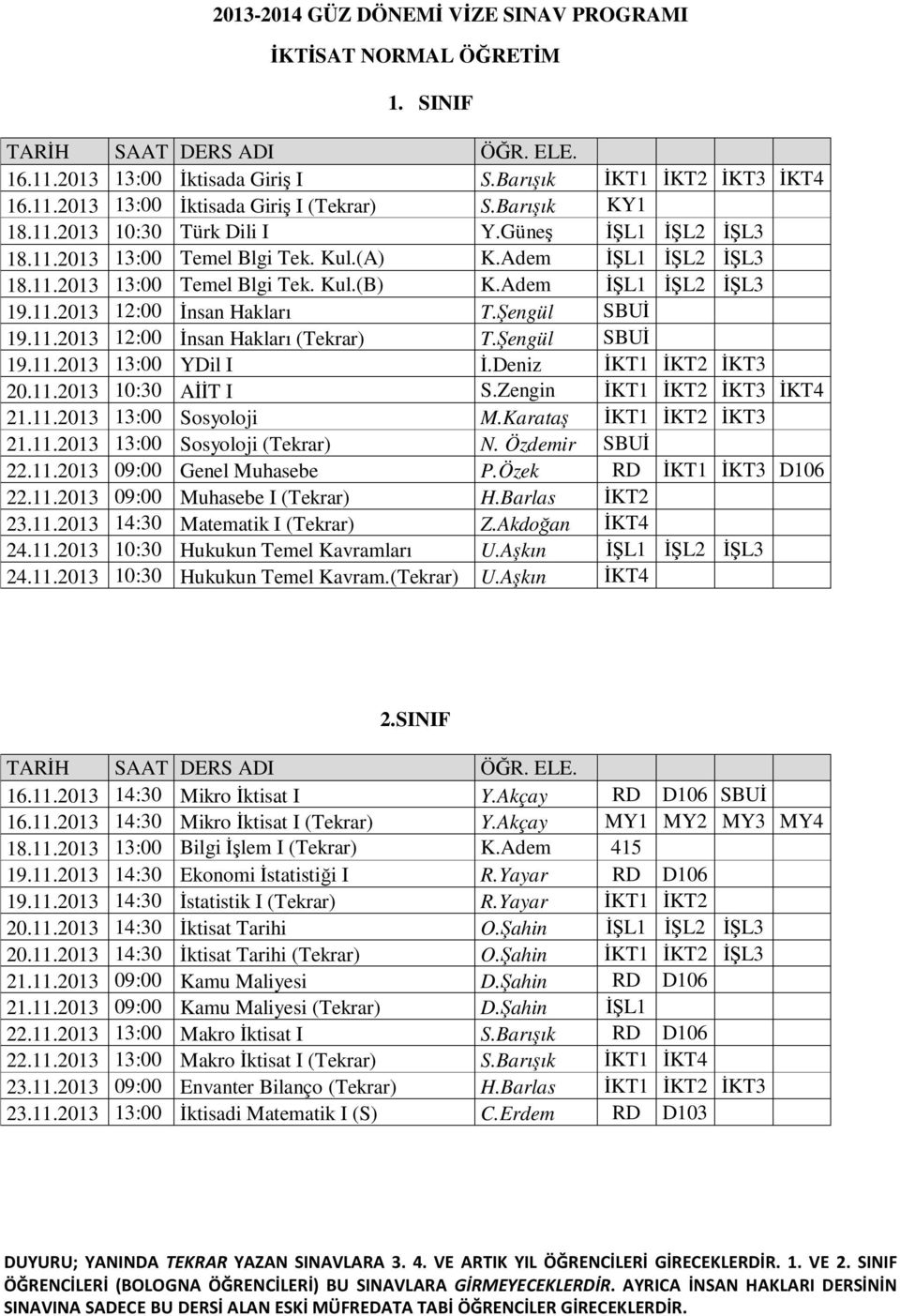 Şengül SBUİ 19.11.2013 13:00 YDil I İ.Deniz İKT1 İKT2 İKT3 20.11.2013 10:30 AİİT I S.Zengin İKT1 İKT2 İKT3 İKT4 21.11.2013 13:00 Sosyoloji M.Karataş İKT1 İKT2 İKT3 21.11.2013 13:00 Sosyoloji (Tekrar) N.