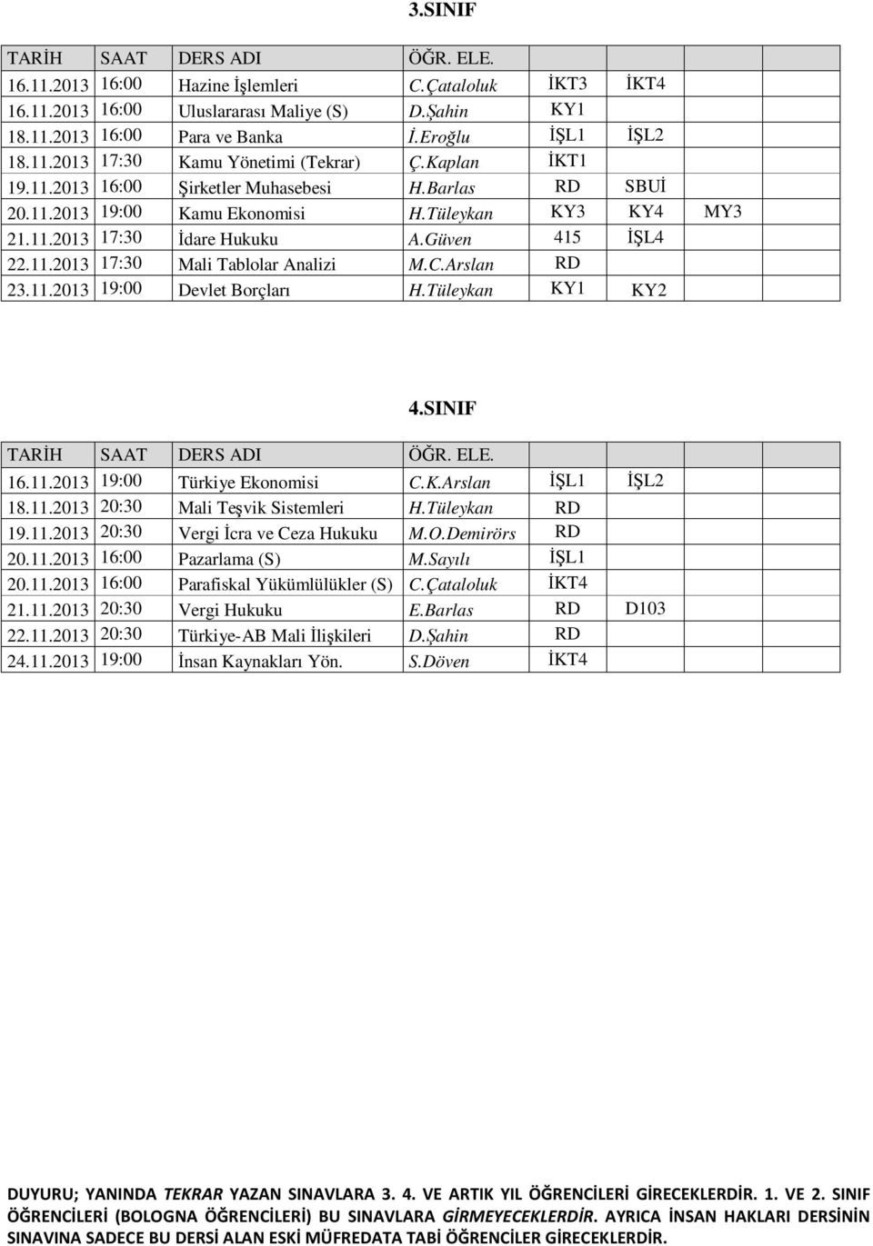 C.Arslan RD 23.11.2013 19:00 Devlet Borçları H.Tüleykan KY1 KY2 4.SINIF 16.11.2013 19:00 Türkiye Ekonomisi C.K.Arslan İŞL1 İŞL2 18.11.2013 20:30 Mali Teşvik Sistemleri H.Tüleykan RD 19.11.2013 20:30 Vergi İcra ve Ceza Hukuku M.