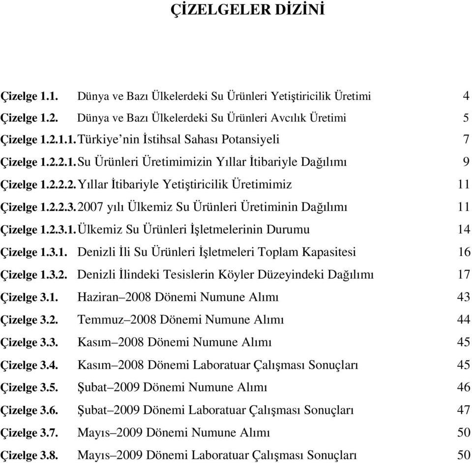 2007 yılı Ülkemiz Su Ürünleri Üretiminin Dağılımı 11 Çizelge 1.2.3.1. Ülkemiz Su Ürünleri İşletmelerinin Durumu 14 Çizelge 1.3.1. Denizli İli Su Ürünleri İşletmeleri Toplam Kapasitesi 16 Çizelge 1.3.2. Denizli İlindeki Tesislerin Köyler Düzeyindeki Dağılımı 17 Çizelge 3.