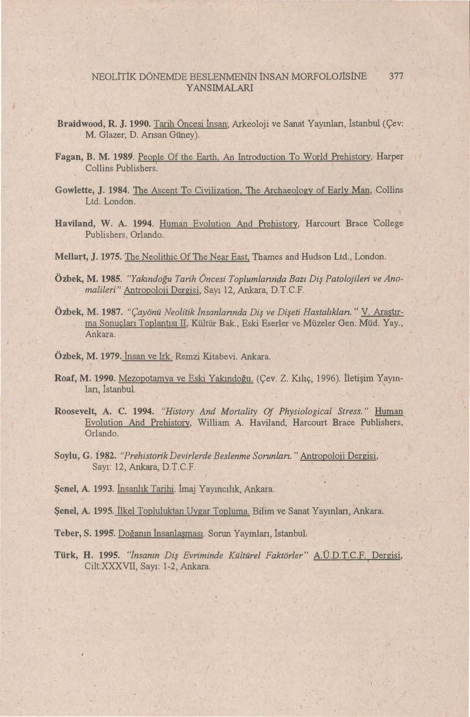 Human Evolution And Prehistory. Harcourt Brace College Publishers, Orlando. MeHart, J. 1975. 'The Neolithic Of The Near Ea~t, Thames and Hudson Ltd., London. Özbek, M. 1985.
