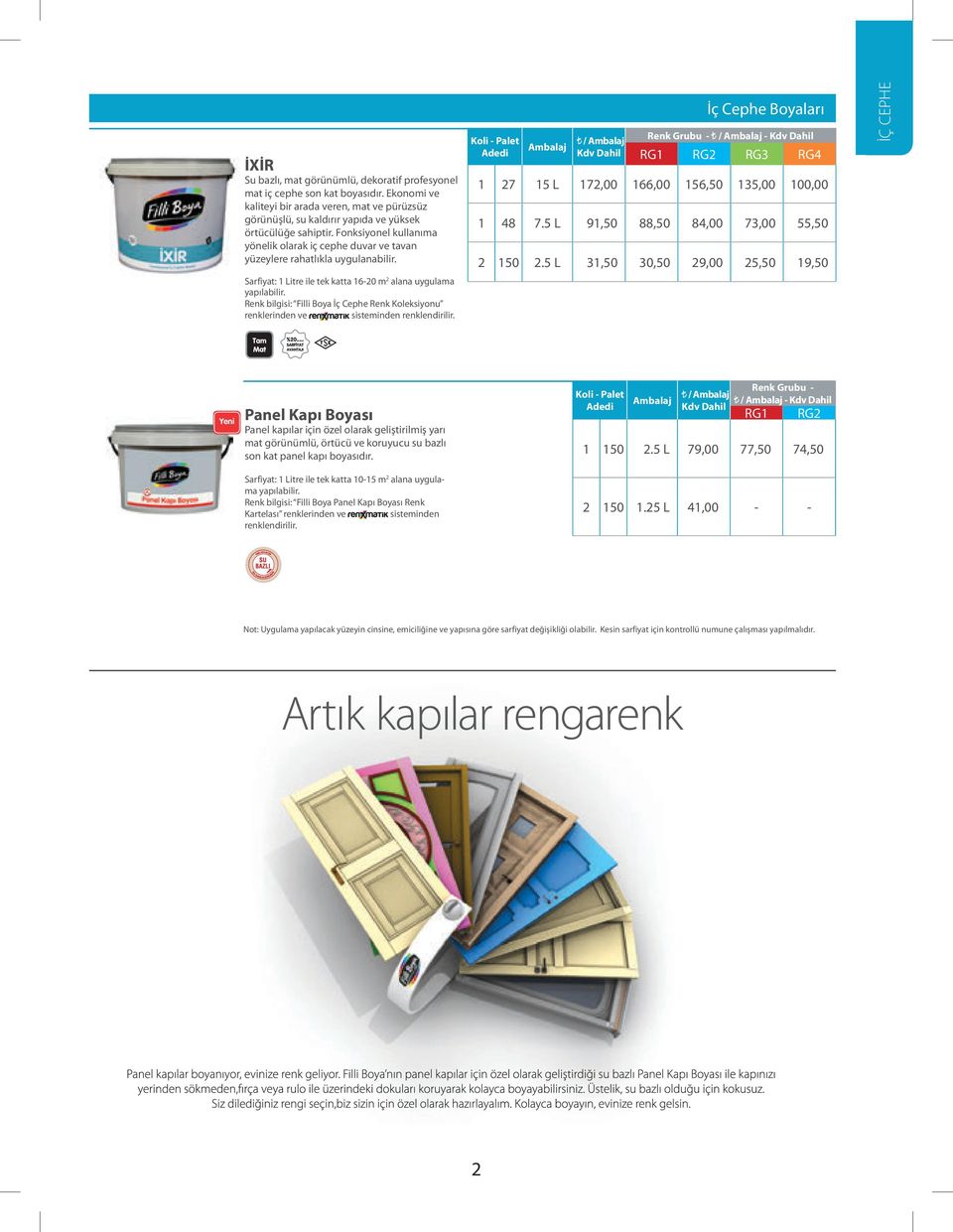Renk bilgisi: Filli Boya İç Cephe Renk Koleksiyonu renklerinden ve sisteminden renklendirilir. Renk Grubu - İç Cephe Boyaları - RG RG2 RG3 RG4 27 5 L 72,00 66,00 56,50 35,00 00,00 48 7.
