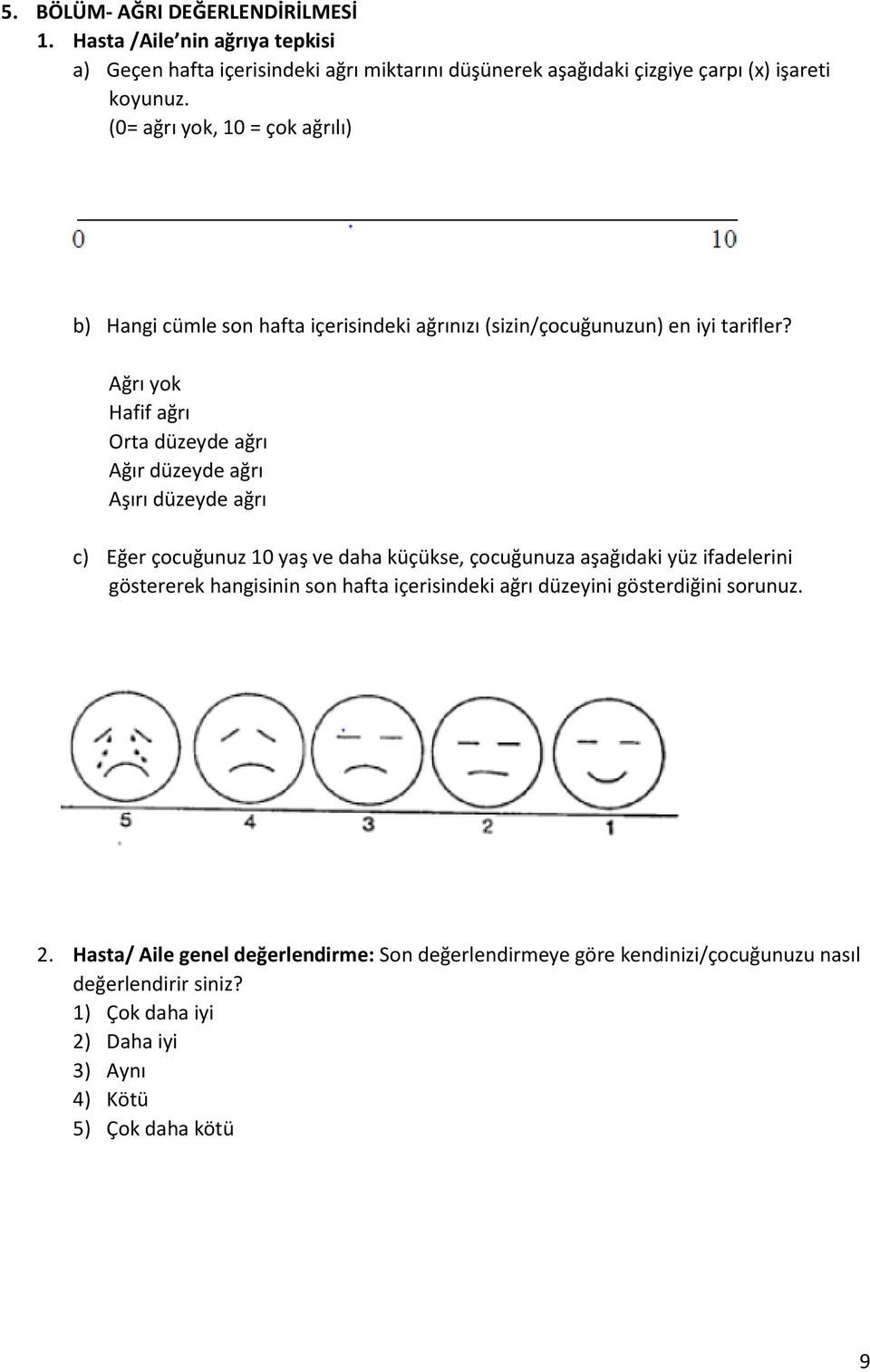 Ağrı yok Hafif ağrı Orta düzeyde ağrı Ağır düzeyde ağrı Aşırı düzeyde ağrı c) Eğer çocuğunuz 10 yaş ve daha küçükse, çocuğunuza aşağıdaki yüz ifadelerini göstererek