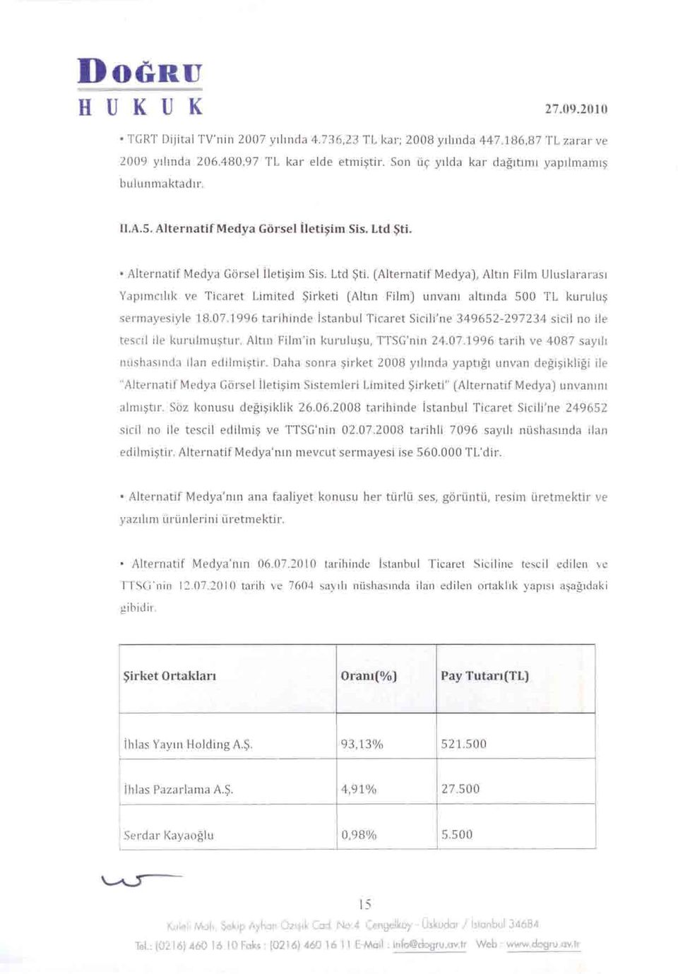 . Alternatf Medya Görsel İletşm Ss. Ltd Şt. (Alternatf Medya), Altın Flm Uluslararası Yapımcılık ve Tcaret Lmted Şrket (Altın Flm) unvanı altında 500 TL kuruluş sermayesyle 18.07.